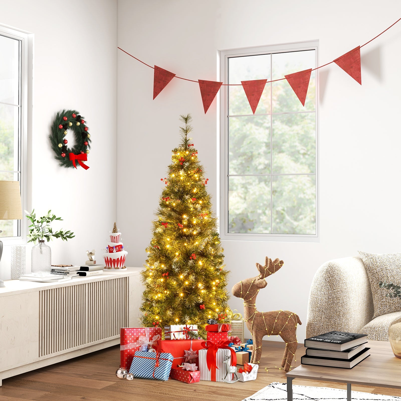 5/6/7/8/9 FT Pre-Lit Artificial Hinged Slim Pencil Christmas Tree