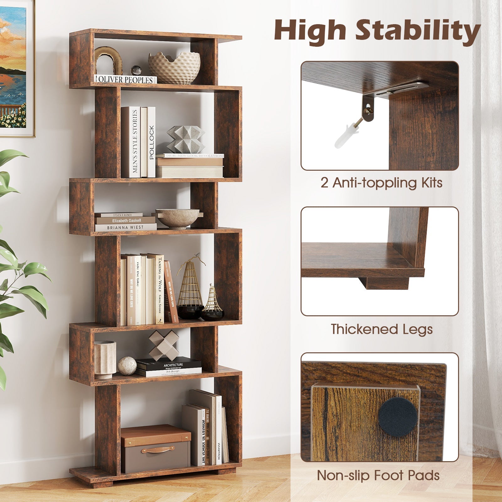 6-Tier Geometric Bookshelf with 2 Anti-Tipping Kits for Home Office