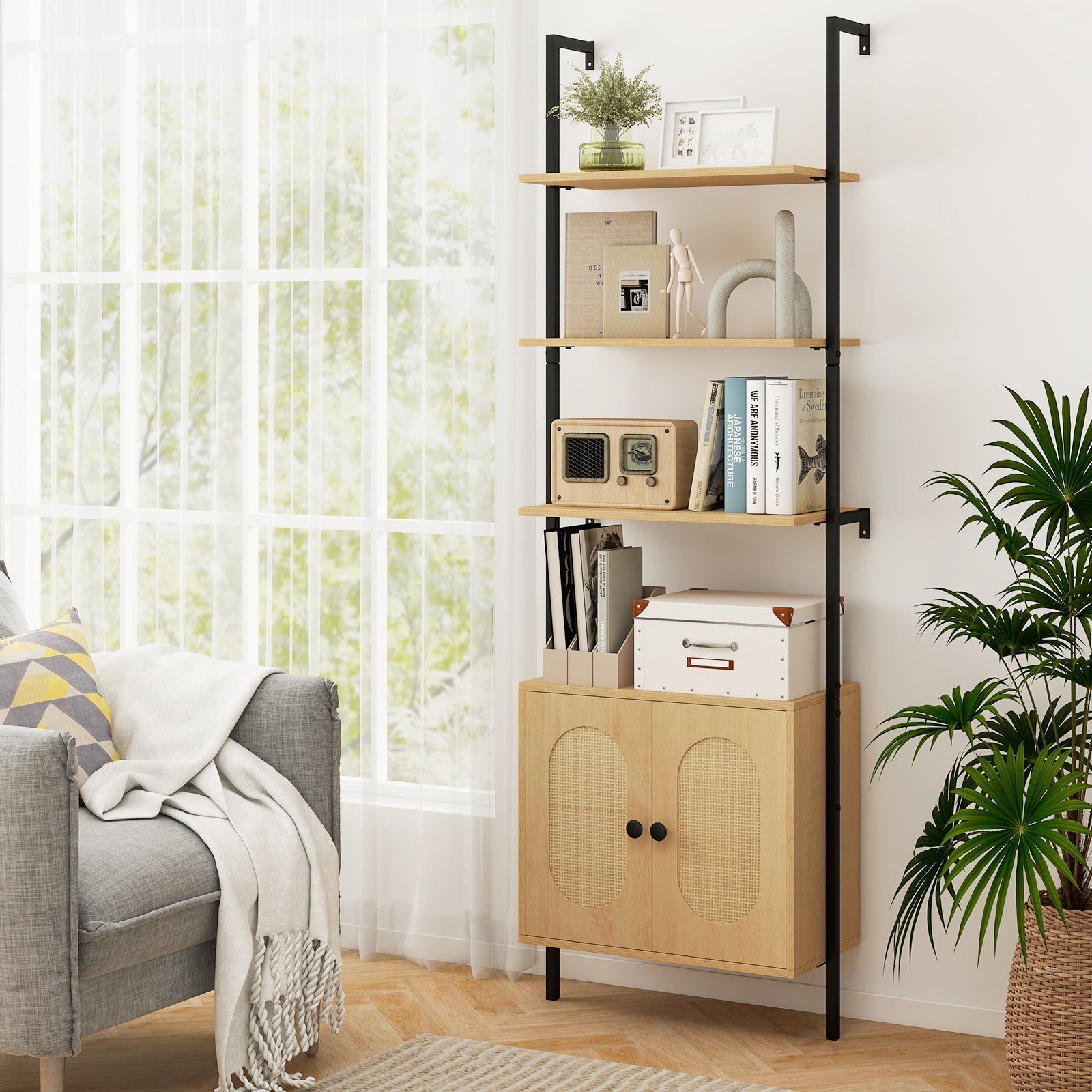 72.5 Inch 6-Tier Wall Mounted Ladder Bookshelf with Rattan Cabinet-Natural