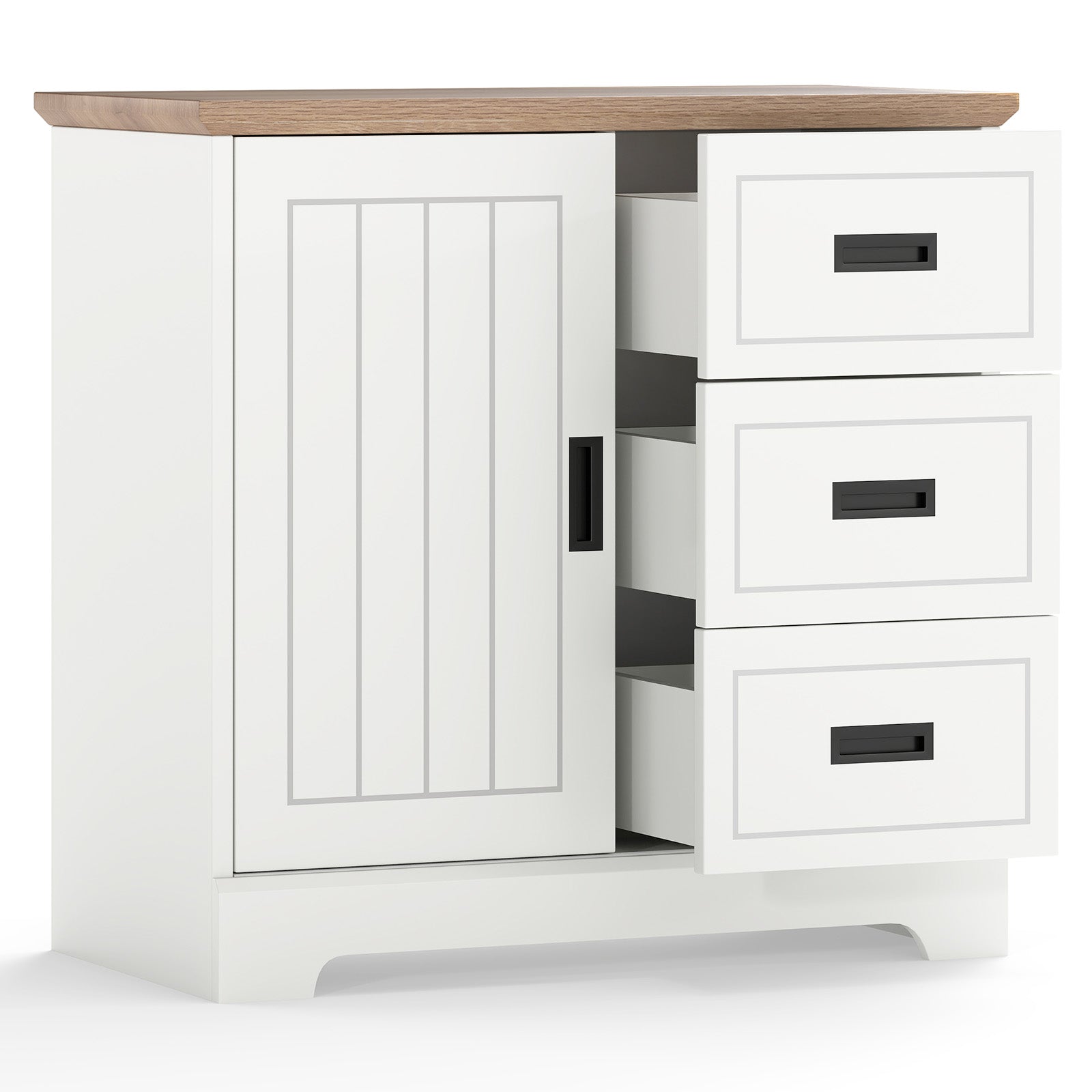 Farmhouse Sideboard Buffet Cabinet Kitchen Pantry with Sliding Doors-White