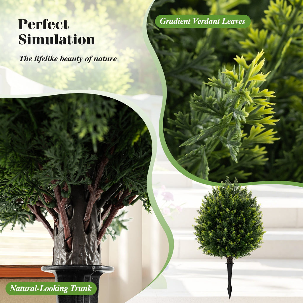 24 Inches Artificial Cypress Topiary Ball Tree Set with Ground Spike-Green