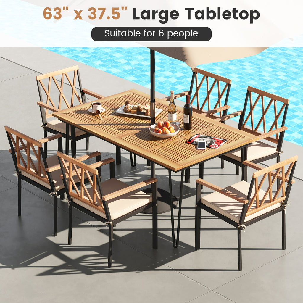 63 Inch Rectangular Outdoor Dining Table for 6 People with Acacia Wood Tabletop and Umbrella Hole
