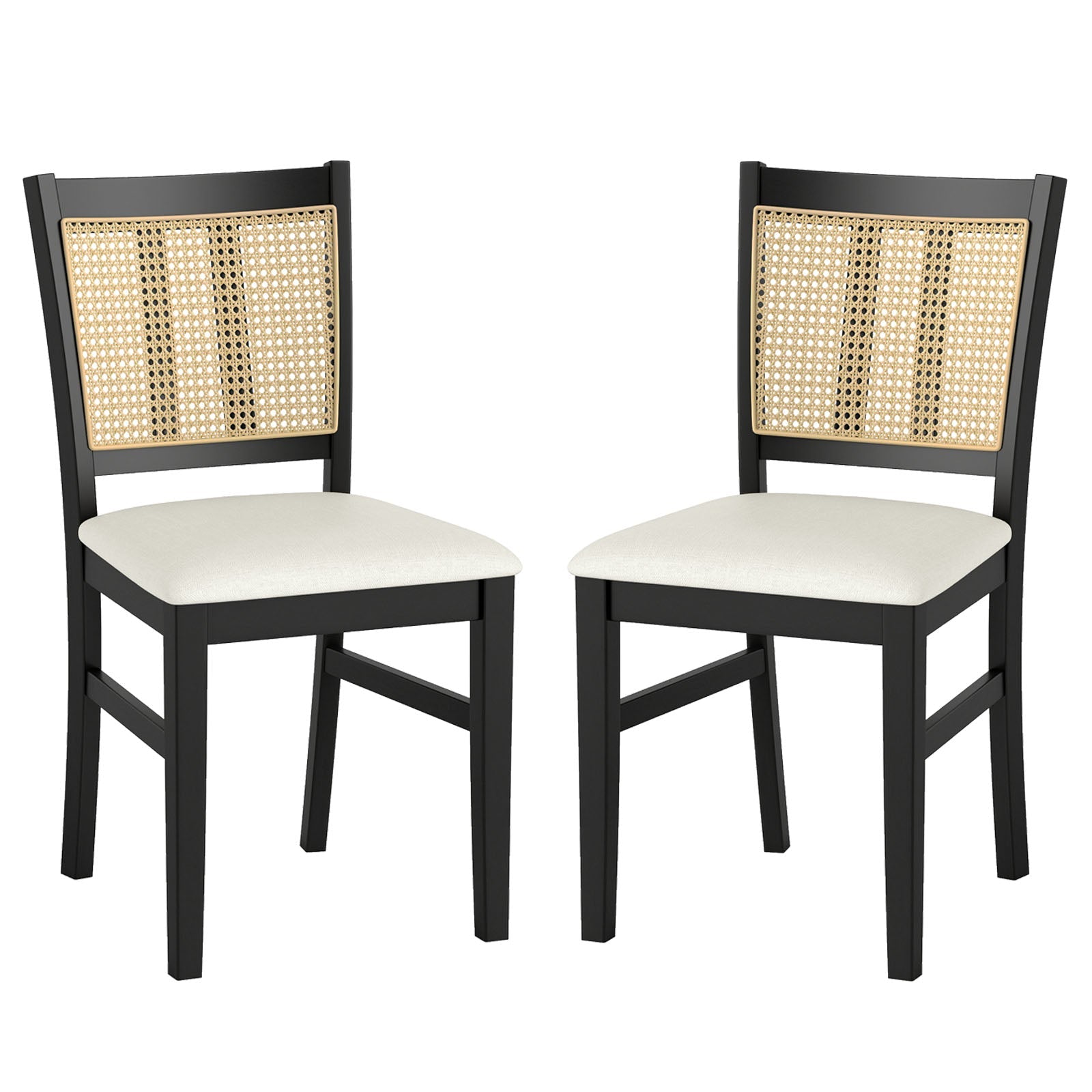 Farmhouse Rattan Dining Chair Set of 2 with Rubber Wood Legs and Cane Back-Beige