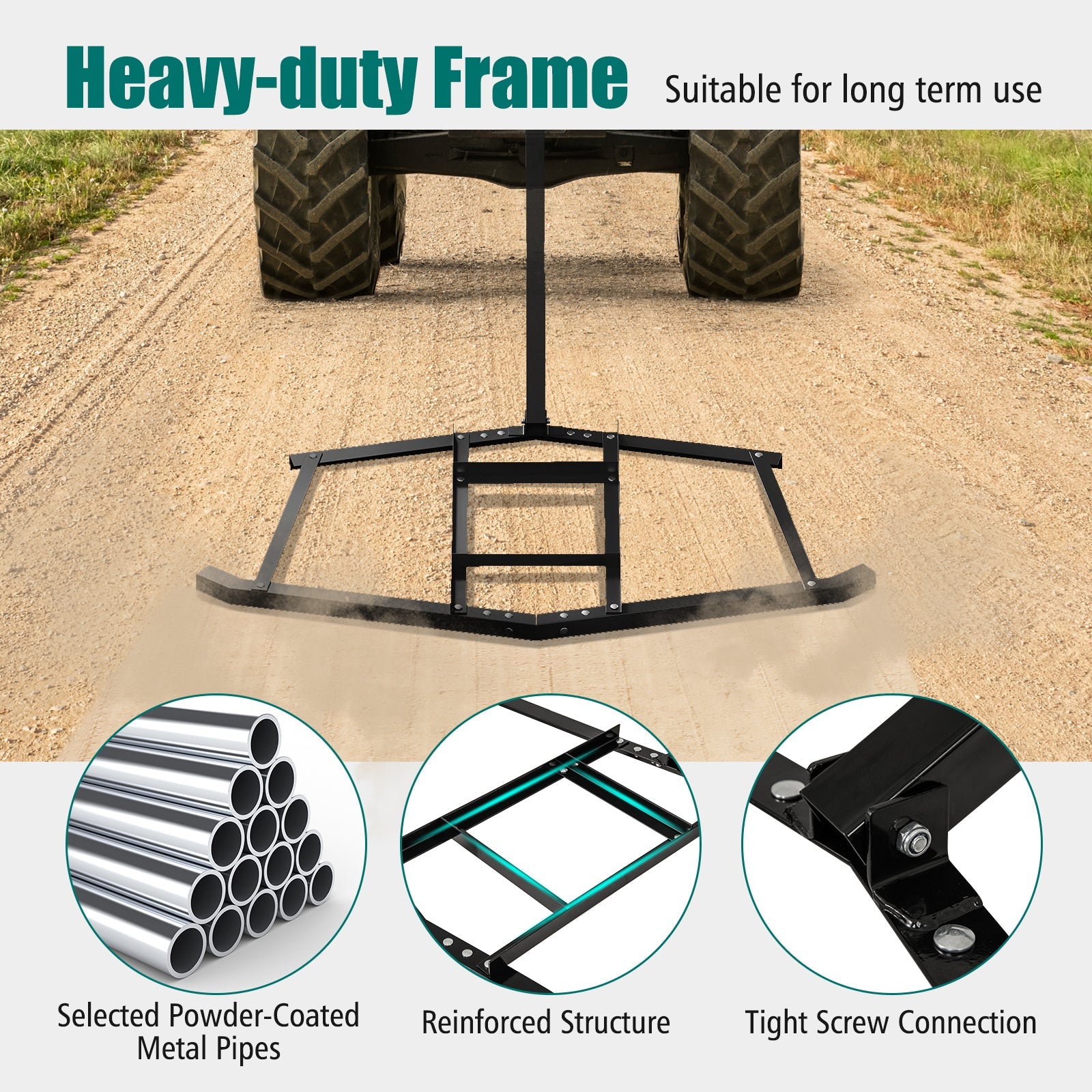 66" Wide Driveway Drag Tow Behind Landscape Leveling Rake with Reinforced Bars-Black