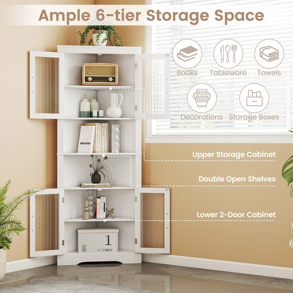67 Inch Tall Corner Cabinet Triangular Buffet Cabinet with Tempered Glass Doors-White