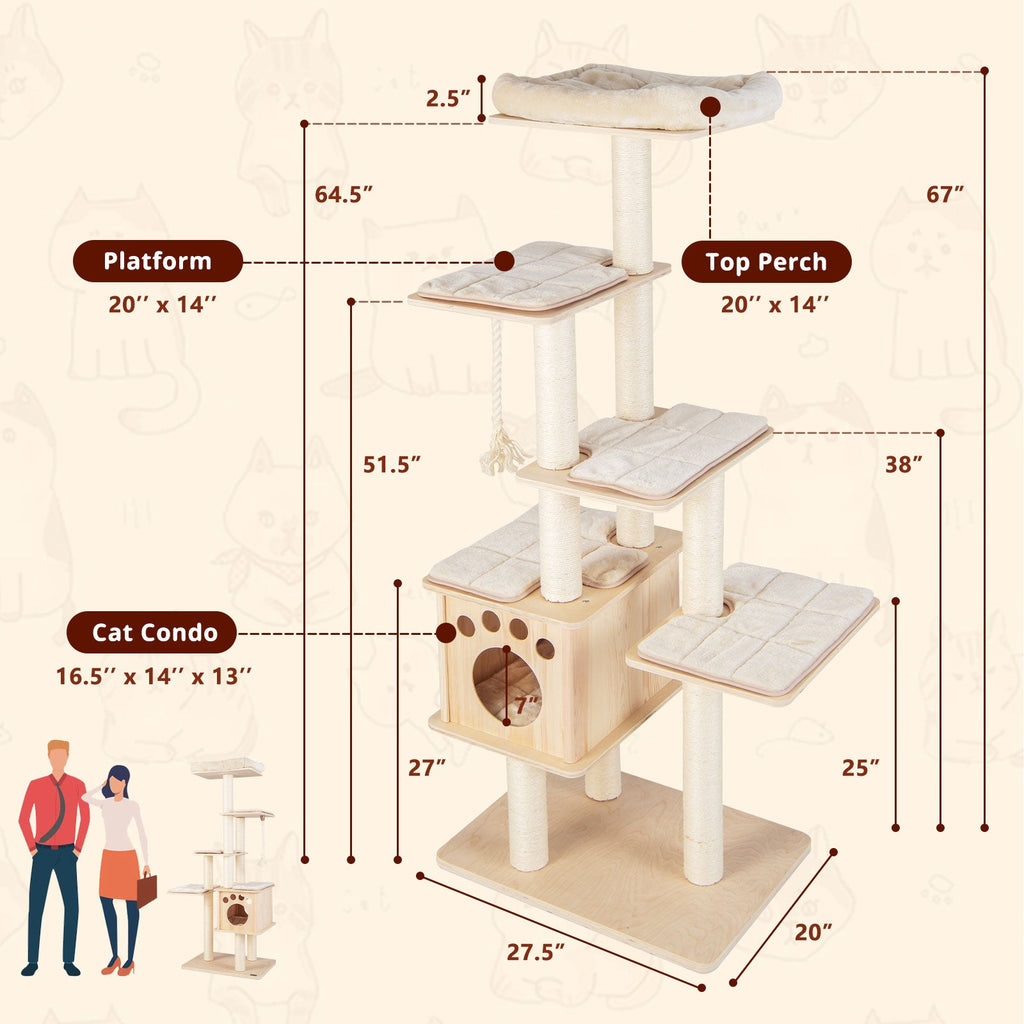 67 Inch Modern Cat Tree Tower with Top Perch and Sisal Rope Scratching Posts-Natural
