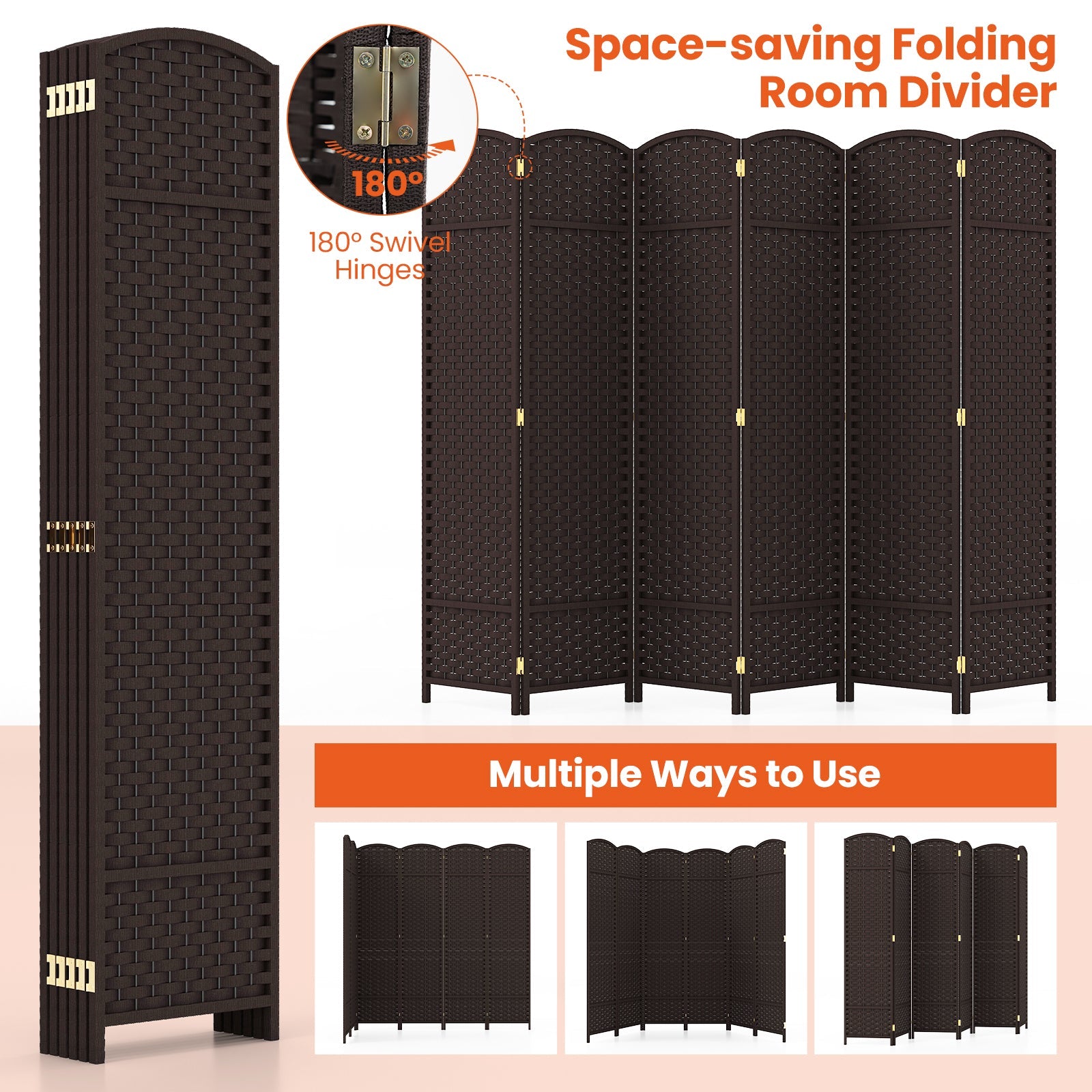 6-Panel Room Divider 5.6 FT Tall Folding Privacy Screen with Hand-woven Texture