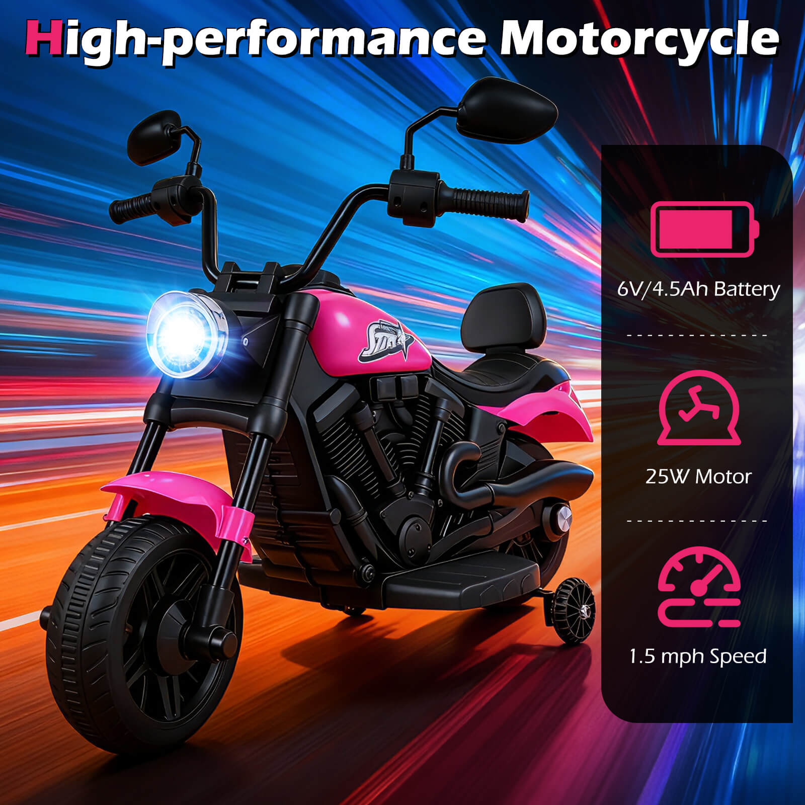 6V Kids Motorcycle with Headlight and Music and Training Wheels