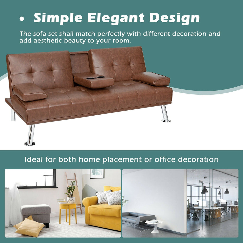 Convertible Folding Leather Futon Sofa with Cup Holders and Armrests