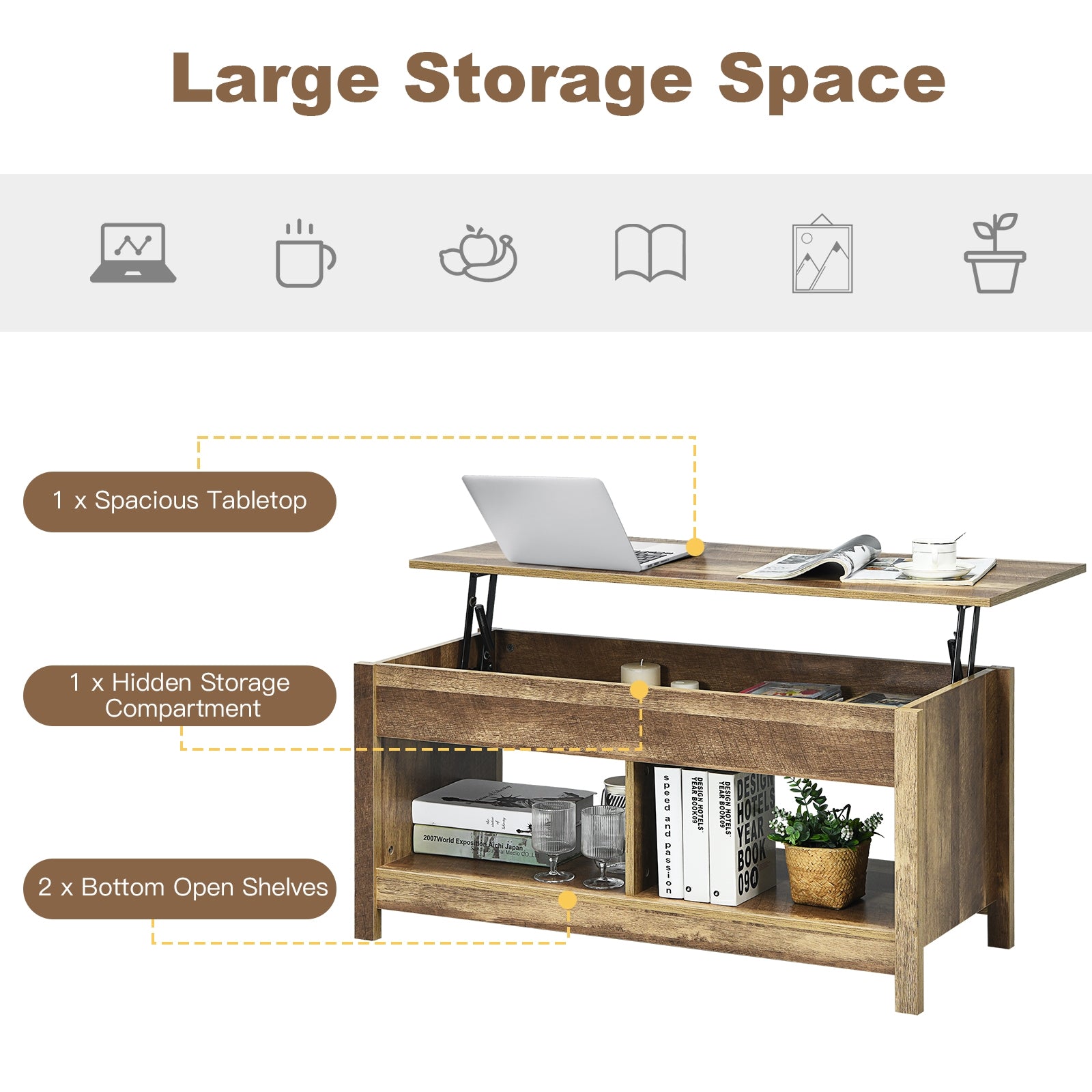 Lift Top Coffee Table with Hidden Storage Compartment and Lower Shelf for Study Room