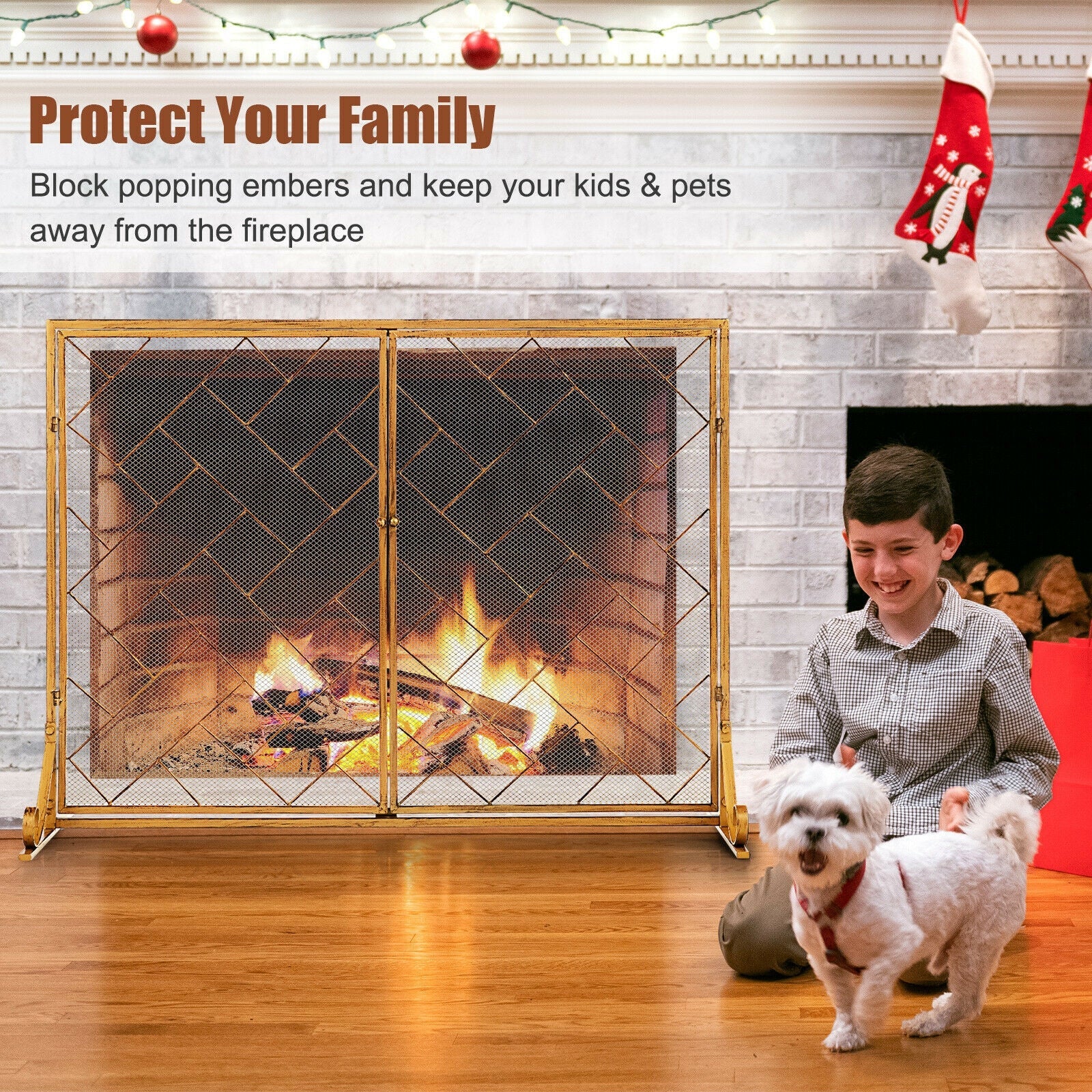 2-Panel Fireplace Screen Folding Metal Fire Place Safety Fence with Magnetic Doors