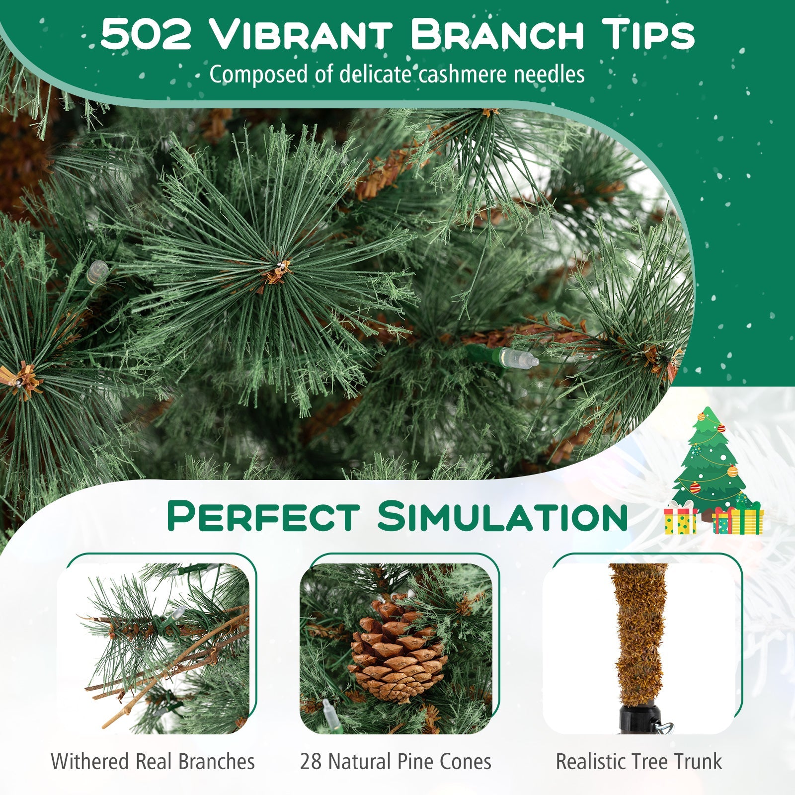 6/7/8 Feet Artificial Christmas Tree Pre-lit Hinged Xmas Tree with Warm White LED Lights and Pine Cones