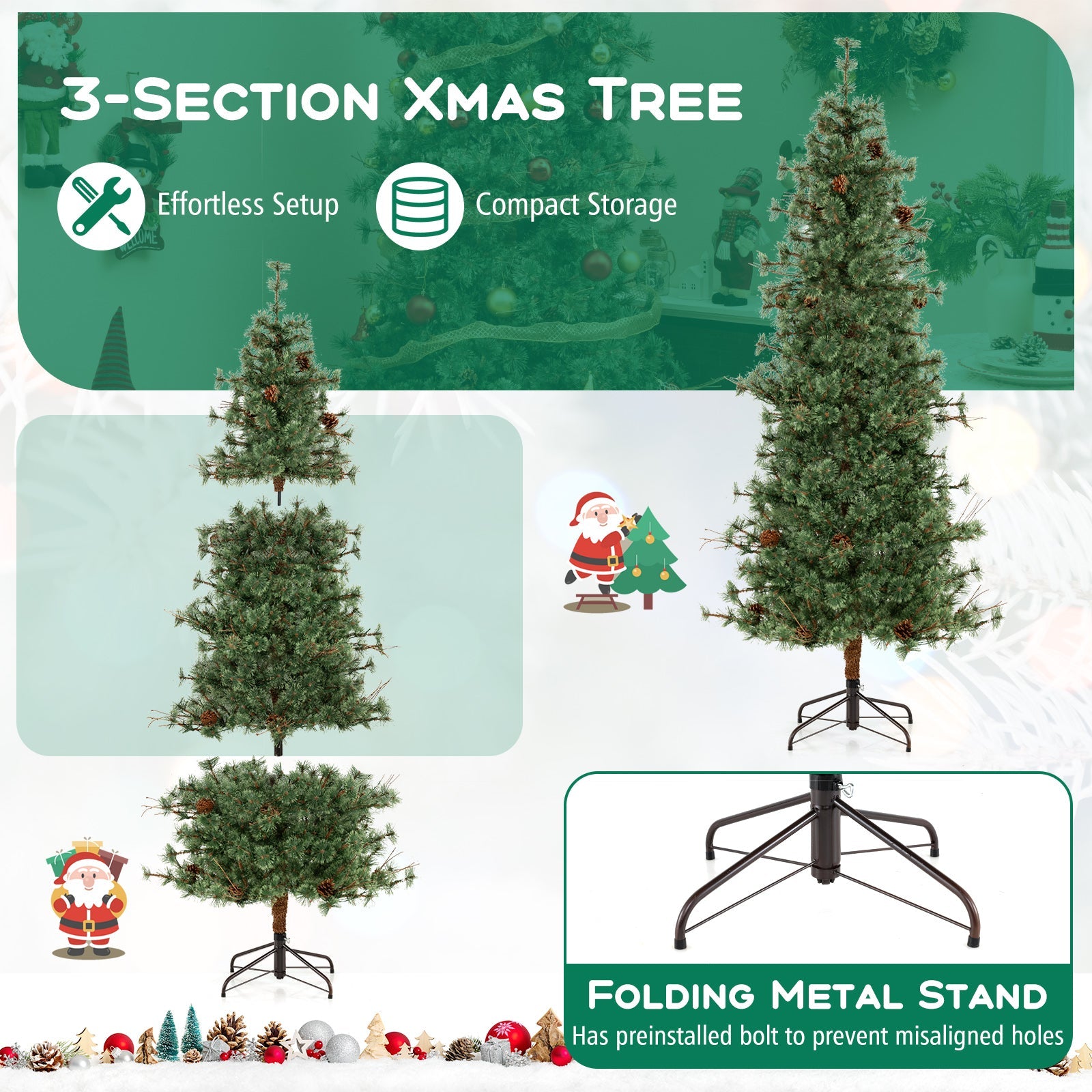 6/7/8 Feet Artificial Christmas Tree Pre-lit Hinged Xmas Tree with Warm White LED Lights and Pine Cones