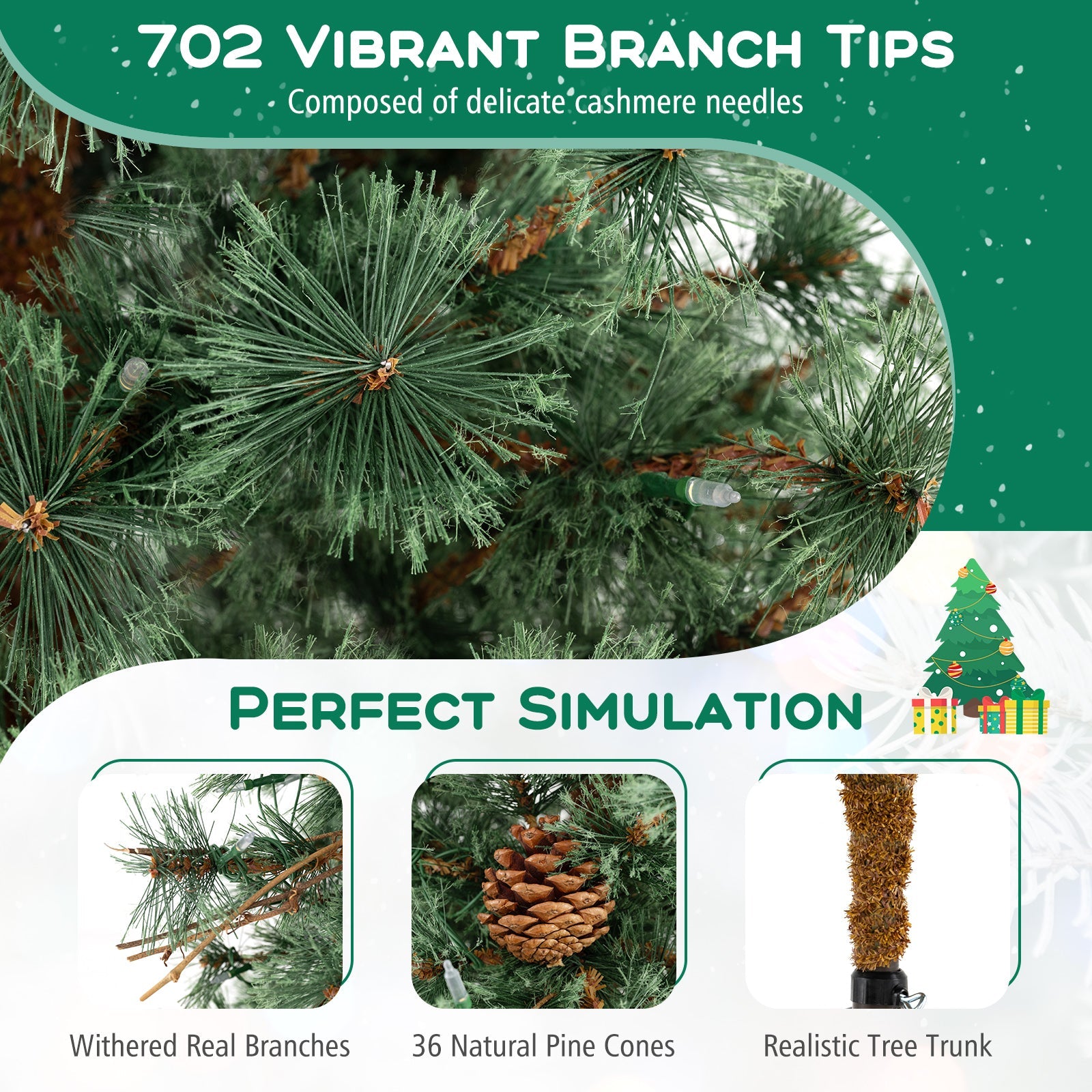 6/7/8 Feet Artificial Christmas Tree Pre-lit Hinged Xmas Tree with Warm White LED Lights and Pine Cones