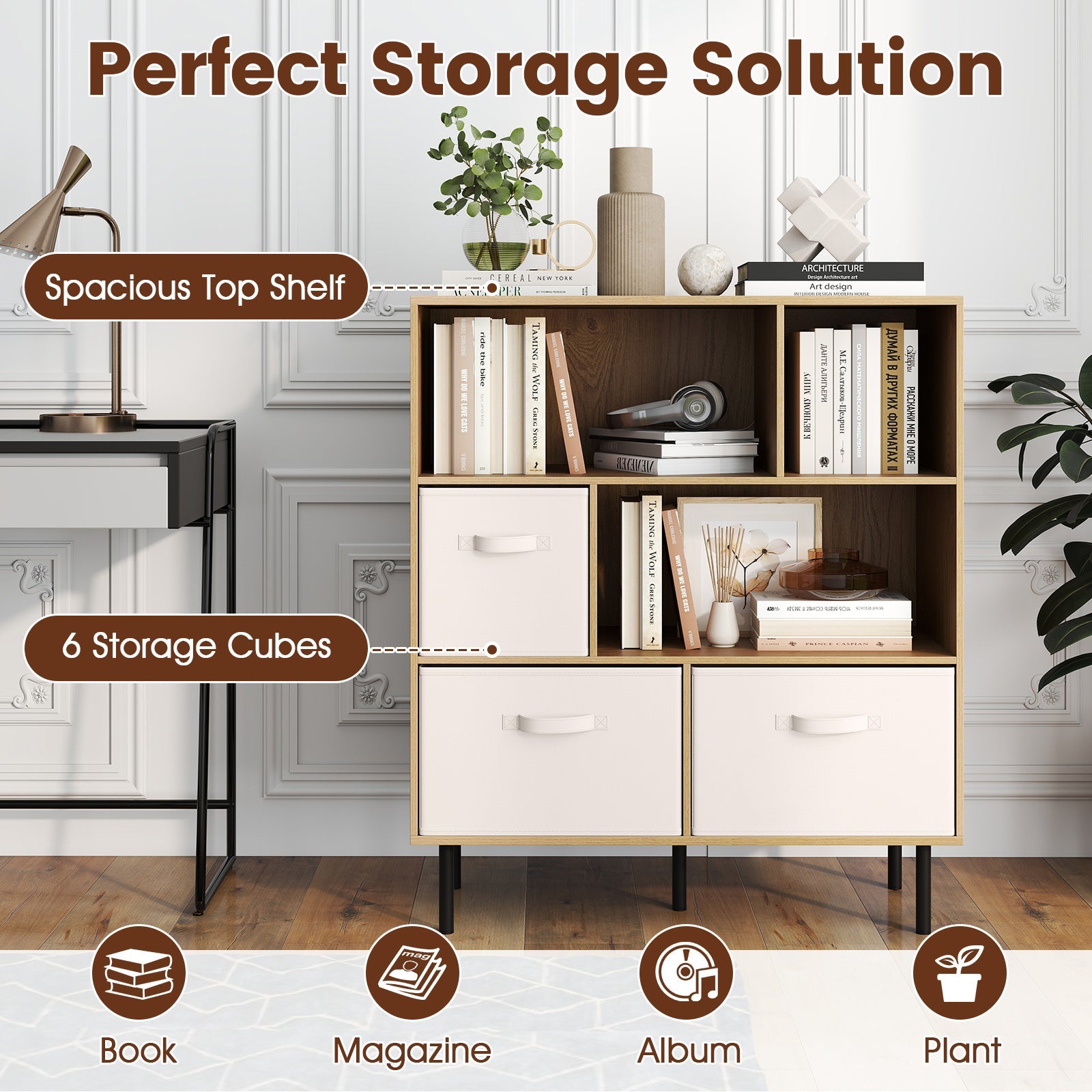 6-Cube Bookshelf with 3 Removable Folding Fabric Drawers for Living Room