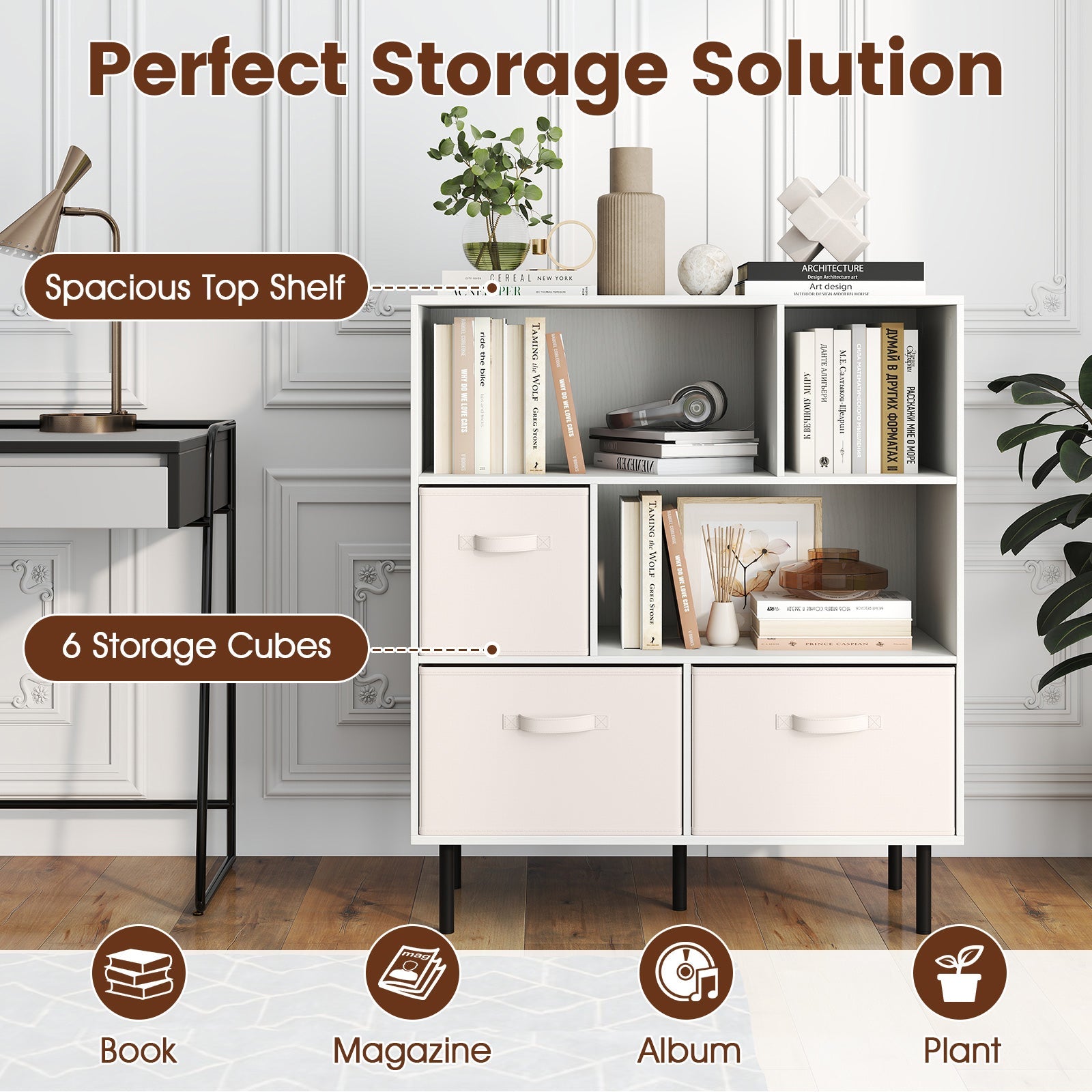 6-Cube Bookshelf with 3 Removable Folding Fabric Drawers for Living Room