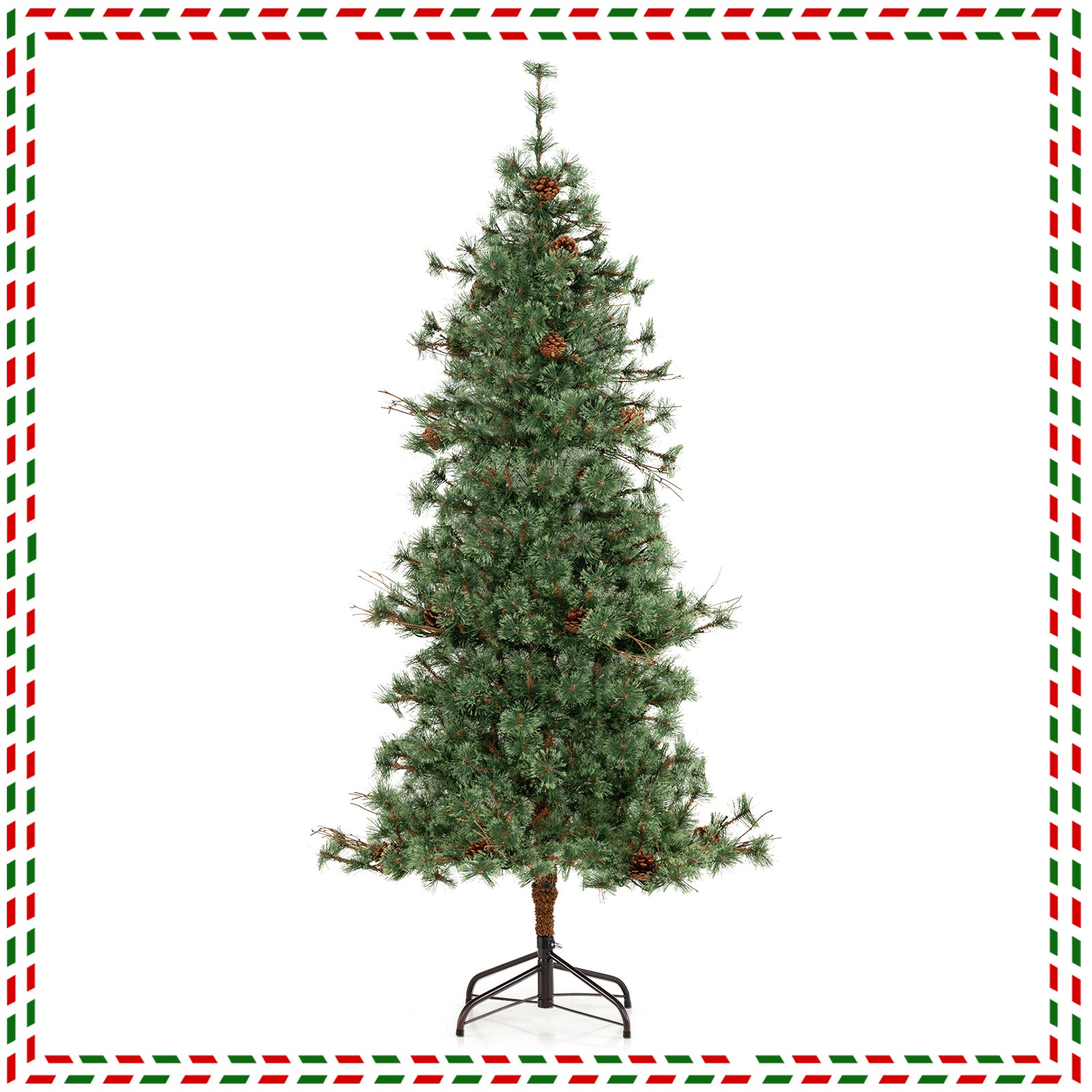 6/7/8 Feet Artificial Christmas Tree Pre-lit Hinged Xmas Tree with Warm White LED Lights and Pine Cones