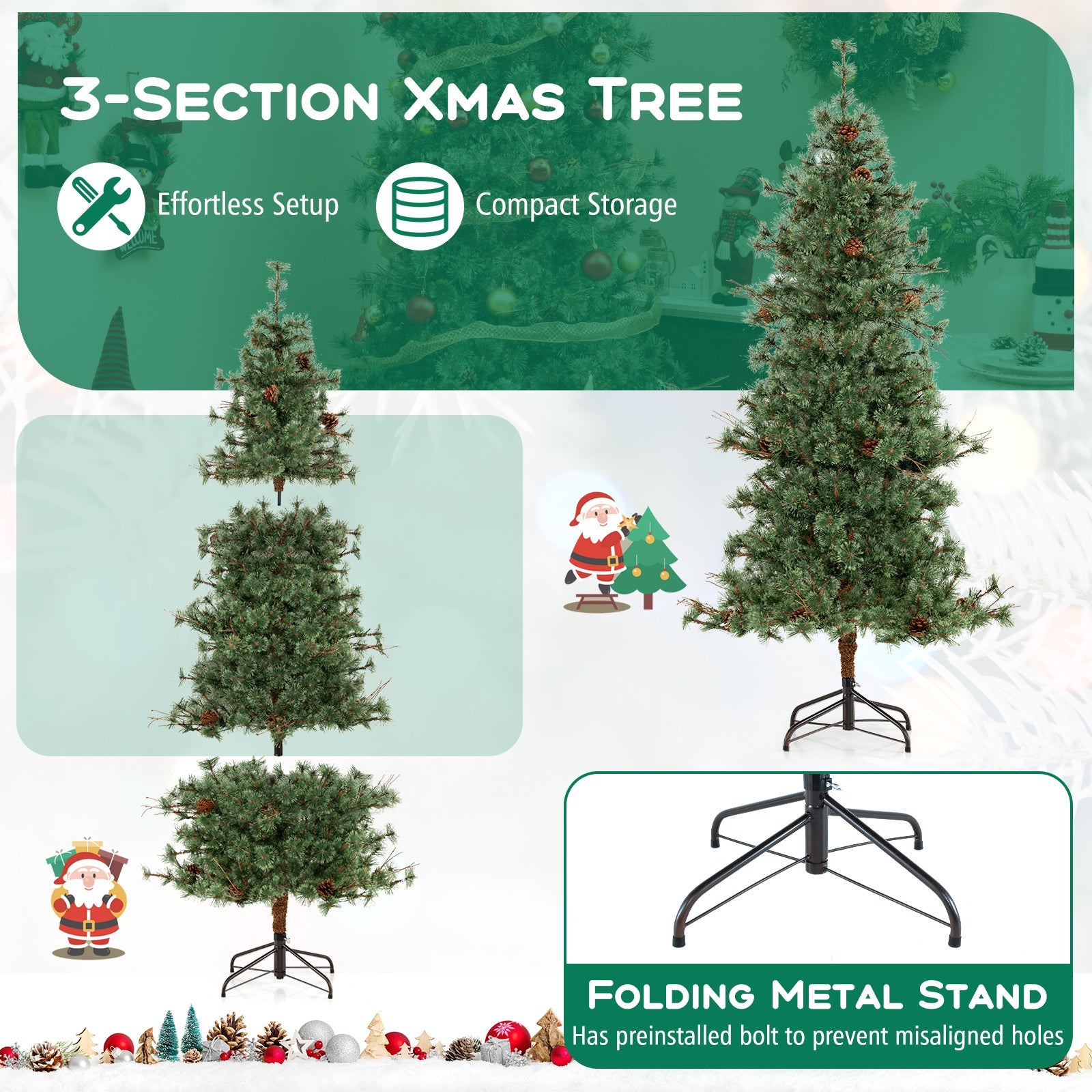 6/7/8 Feet Artificial Christmas Tree Pre-lit Hinged Xmas Tree with Warm White LED Lights and Pine Cones
