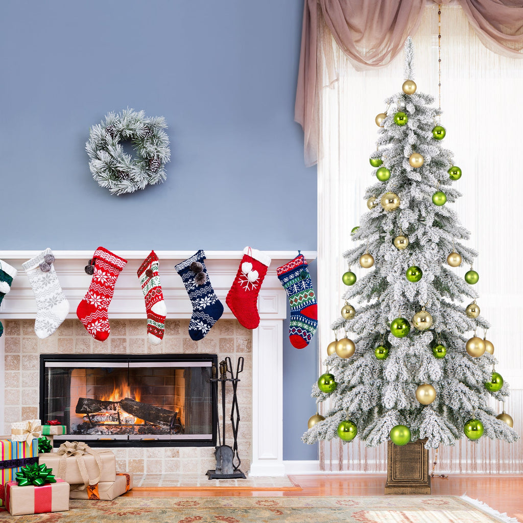 6 Feet Artificial Xmas Tree with 589 Flocked Branch Tips and 48 Xmas Balls