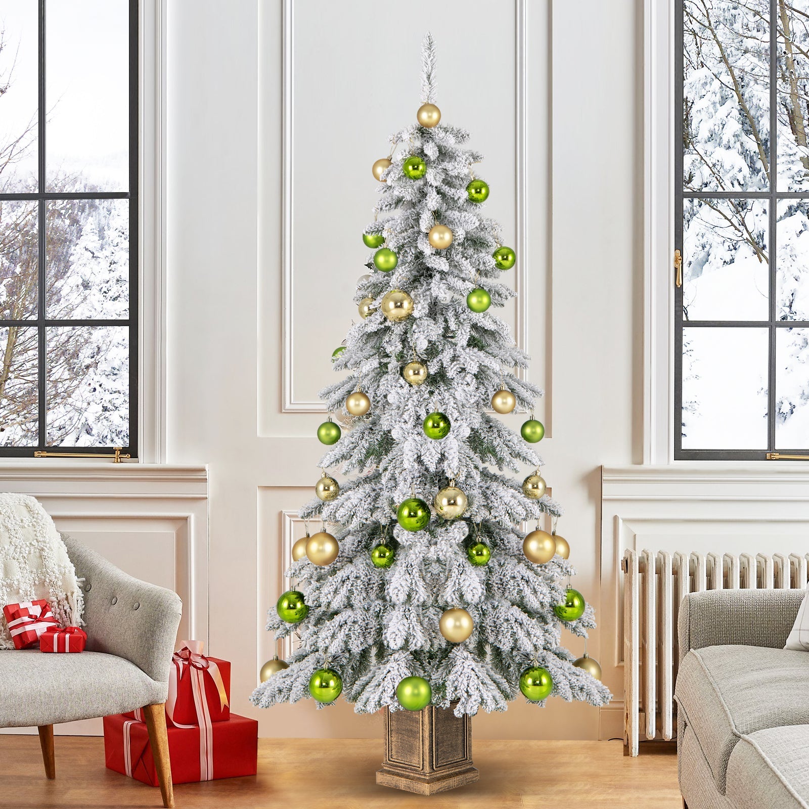 6 Feet Artificial Xmas Tree with 589 Flocked Branch Tips and 48 Xmas Balls