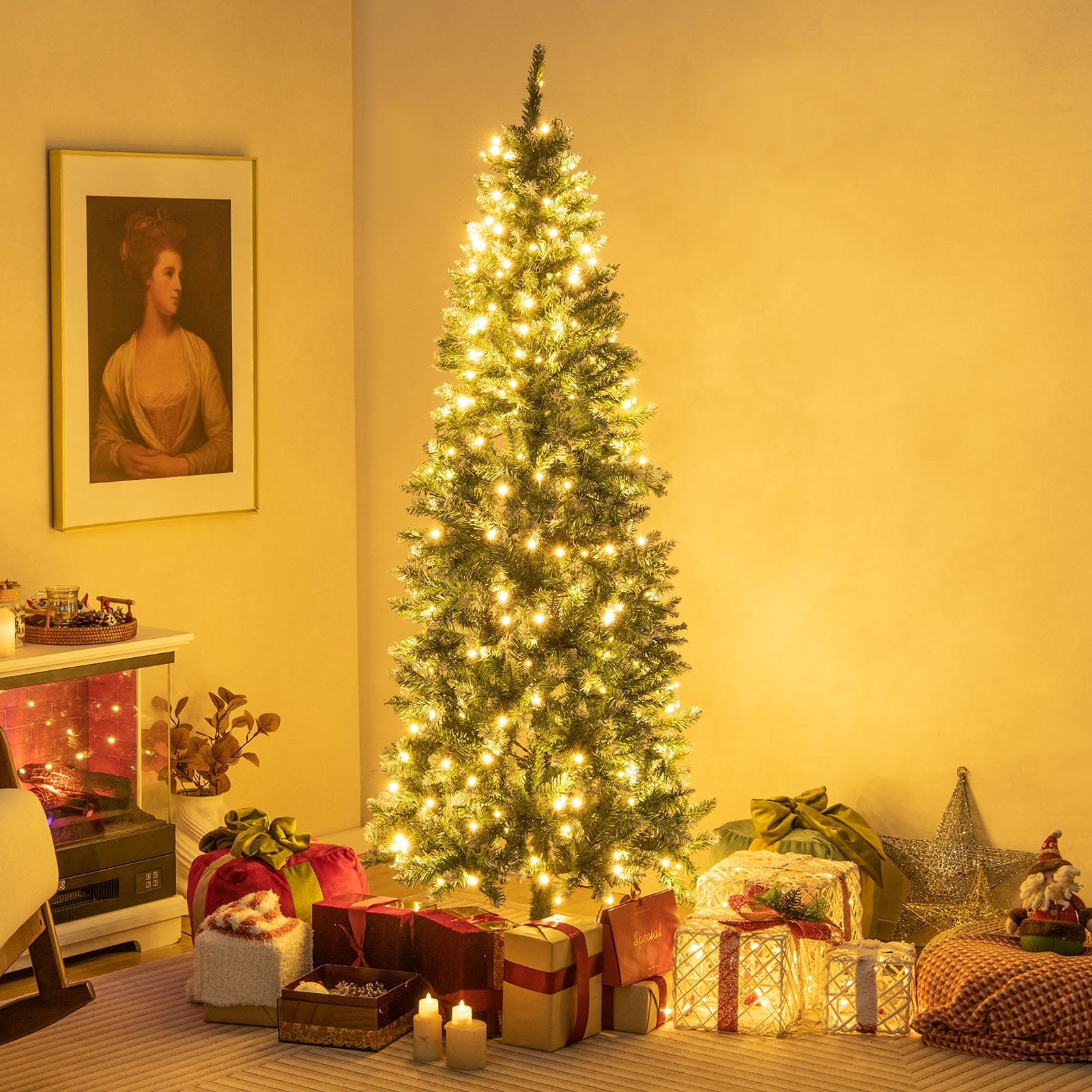 6 Feet Pre-Lit Artificial Christmas Tree with 618 Snowy Branch Tips