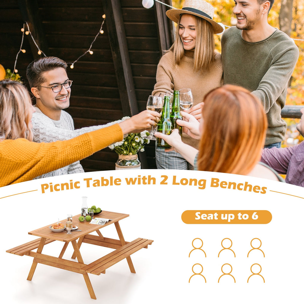 6 Person Picnic Table Set Patio Rectangle with 2 Built-in Benches and Umbrella Hole