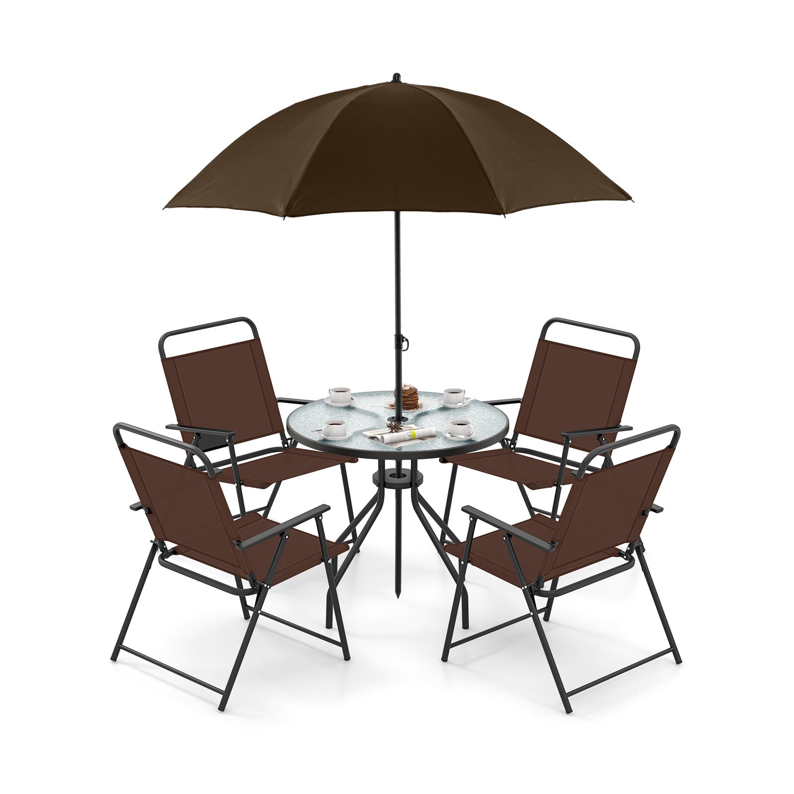 6 Pieces Patio Dining Set Folding Chairs Glass Table Tilt Umbrella for Garden