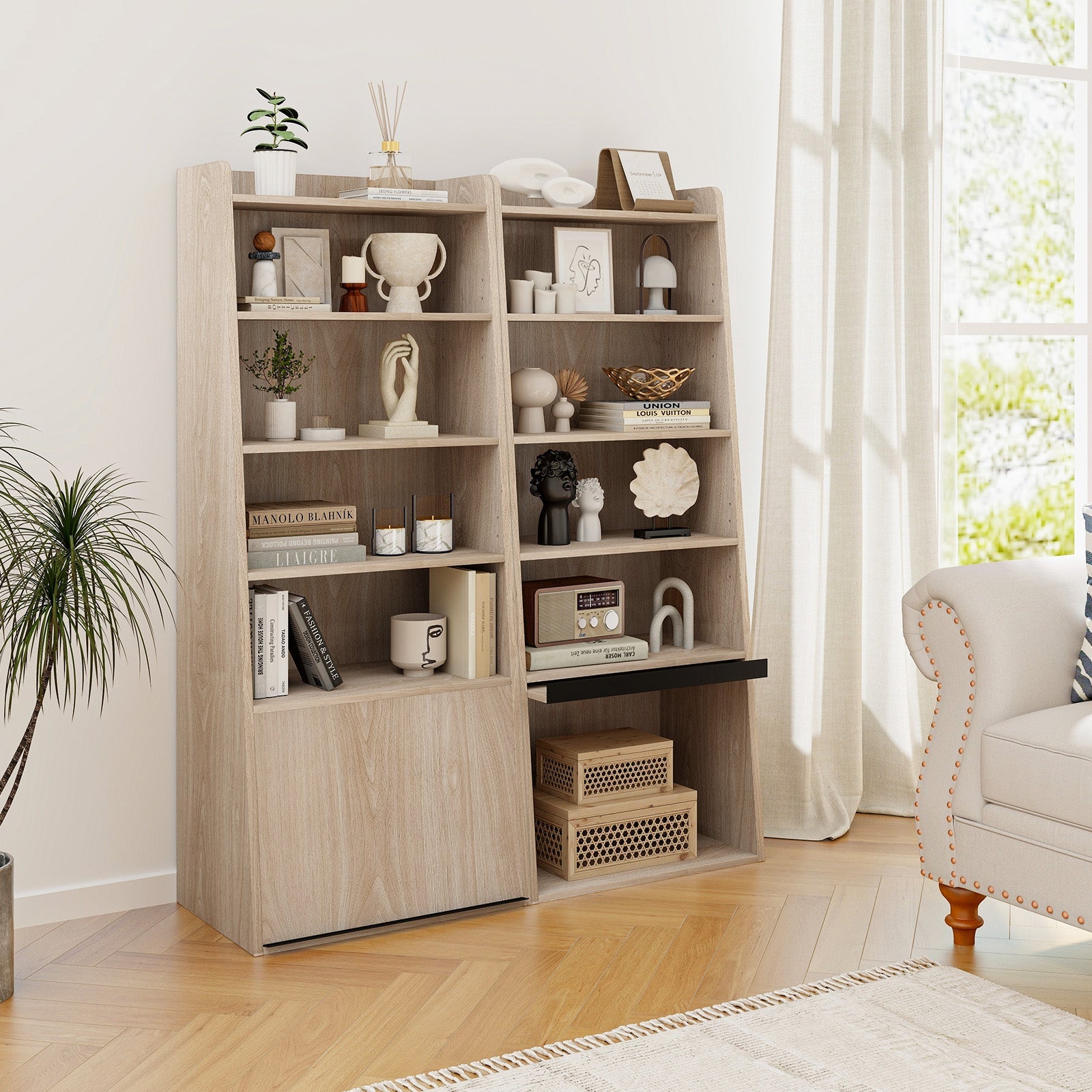 6-Tier Bookcase Freestanding Ladder Bookshelf with 2 Adjustable Shelves and Flip Up Door