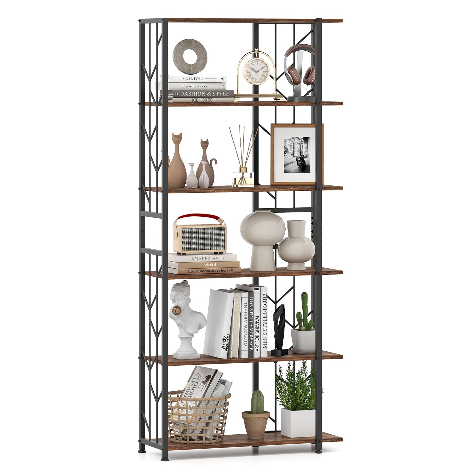 6-Tier Bookshelf Modern Geometric Bookcase with Heavy-duty Metal Frame and Anti-tipping Kits