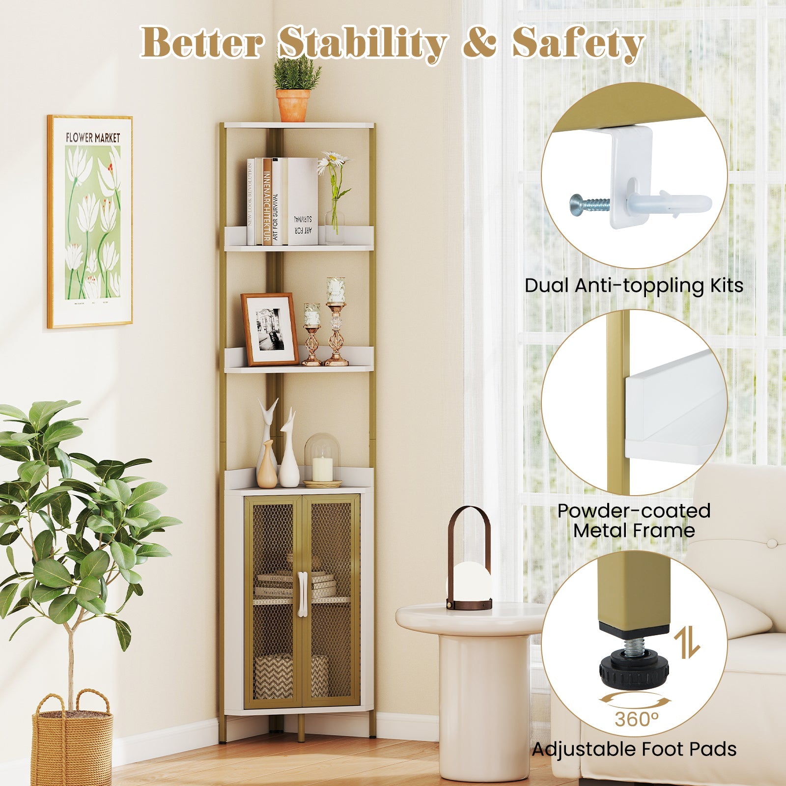 6-Tier Corner Shelf 67 Inches Tall Corner Bookshelf with Cabinet Industrial Bookcase