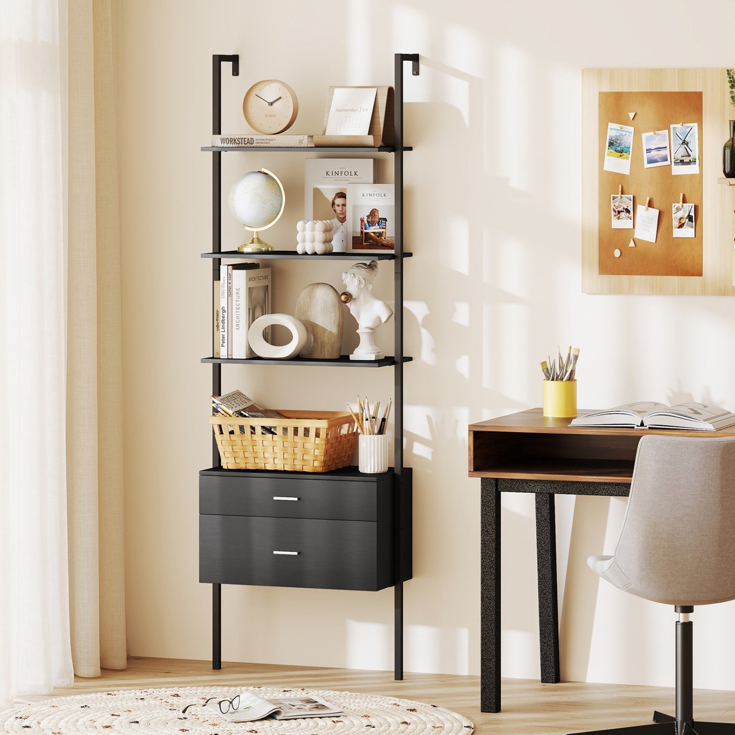 6-Tier Ladder Bookcase with 2 Drawers and Metal Frame-Black