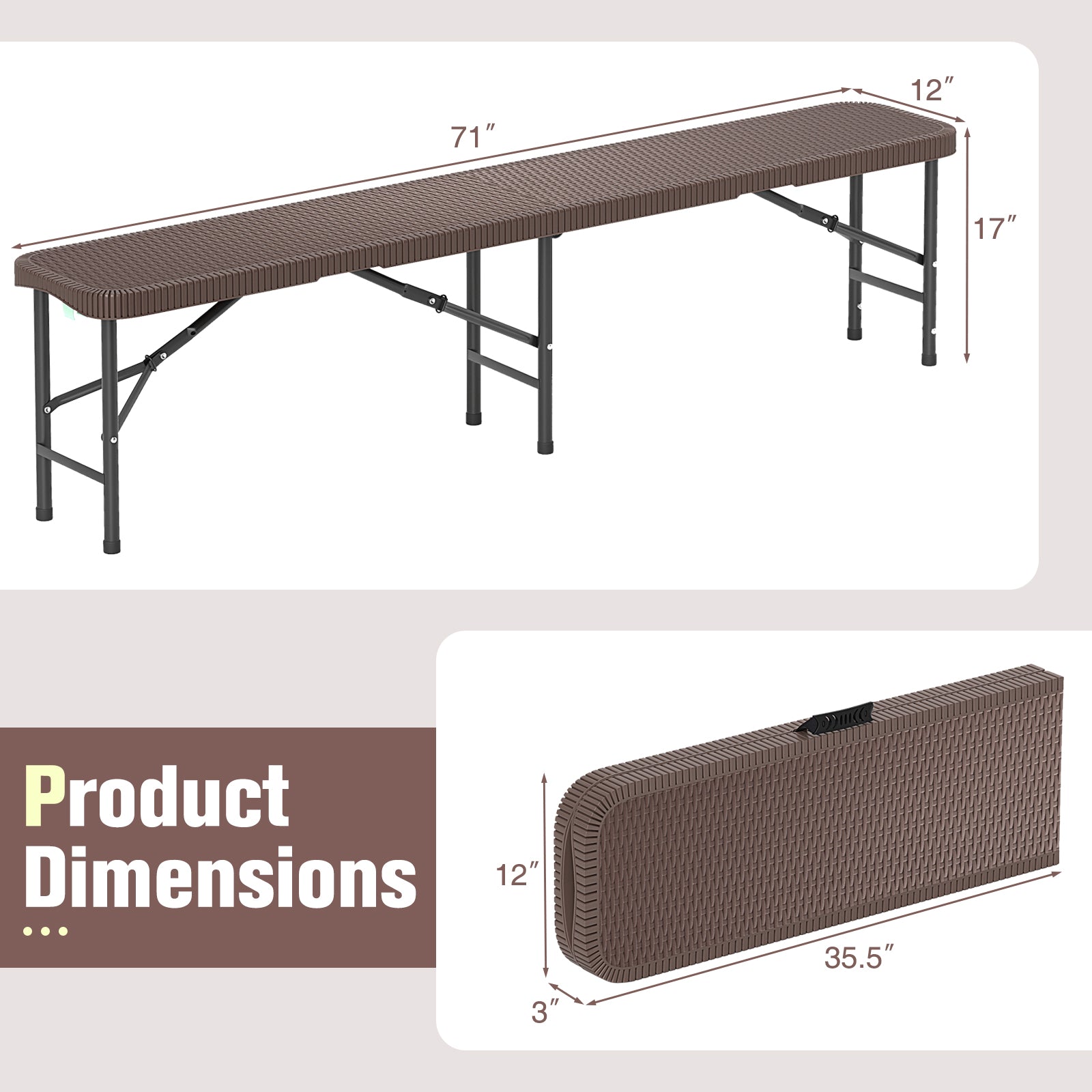 6 ft Plastic Folding Bench with 1320 LBS Capacity and Handle-Brown