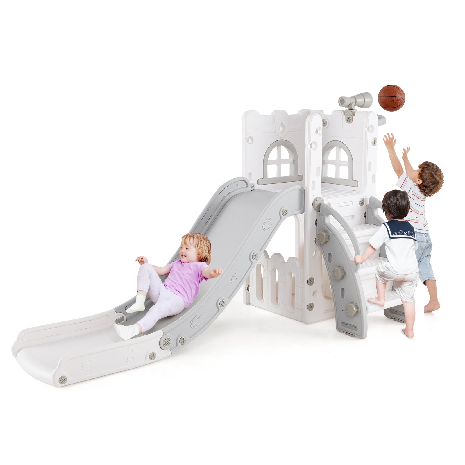 6-in-1 Toddler Slide L-shaped Playground with Basketball Hoop and Ladder