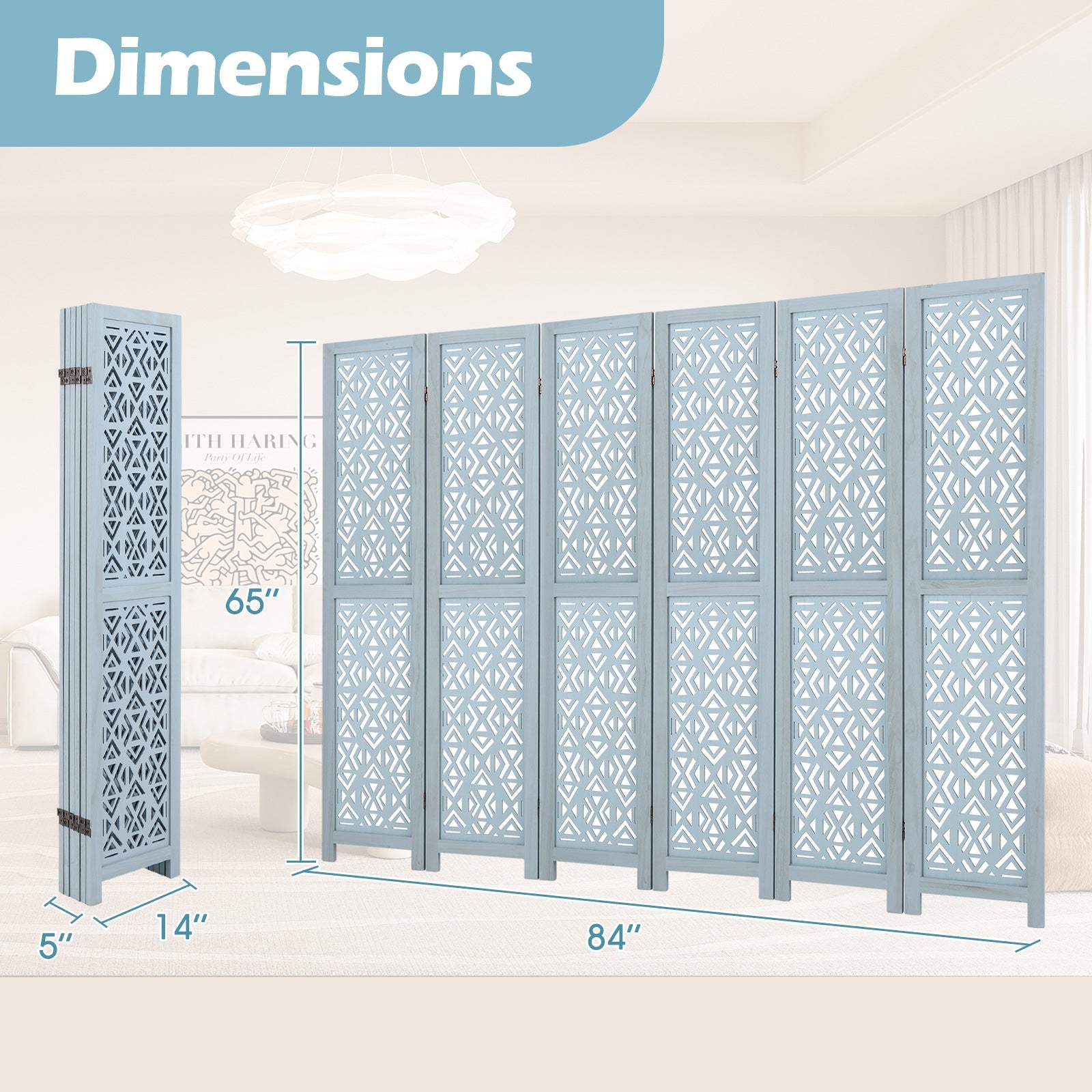4/6 Panel Wooden Room Divider with Carved Cutout Pattern and Solid Wood Frame