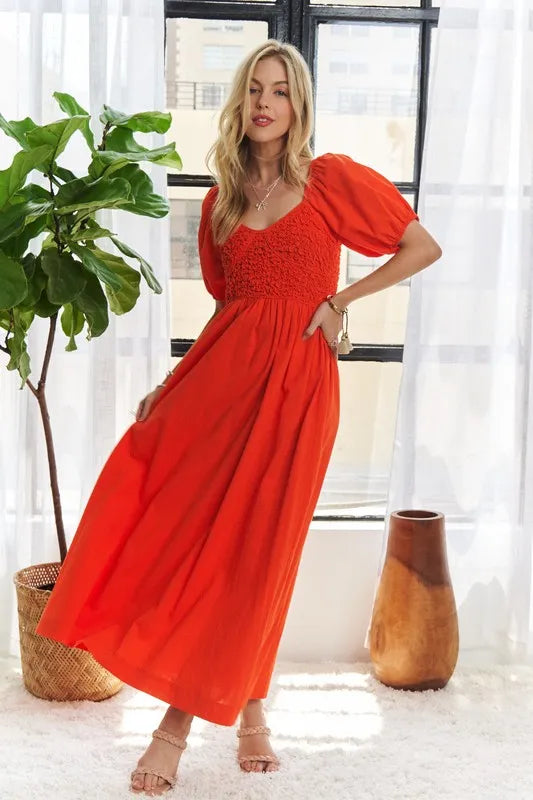 Popcorn Smocked Puff Sleeve Dress For Women – Textured, Elegant, Fluttering, Feminine, Stylish, Trendy For Special Occasions