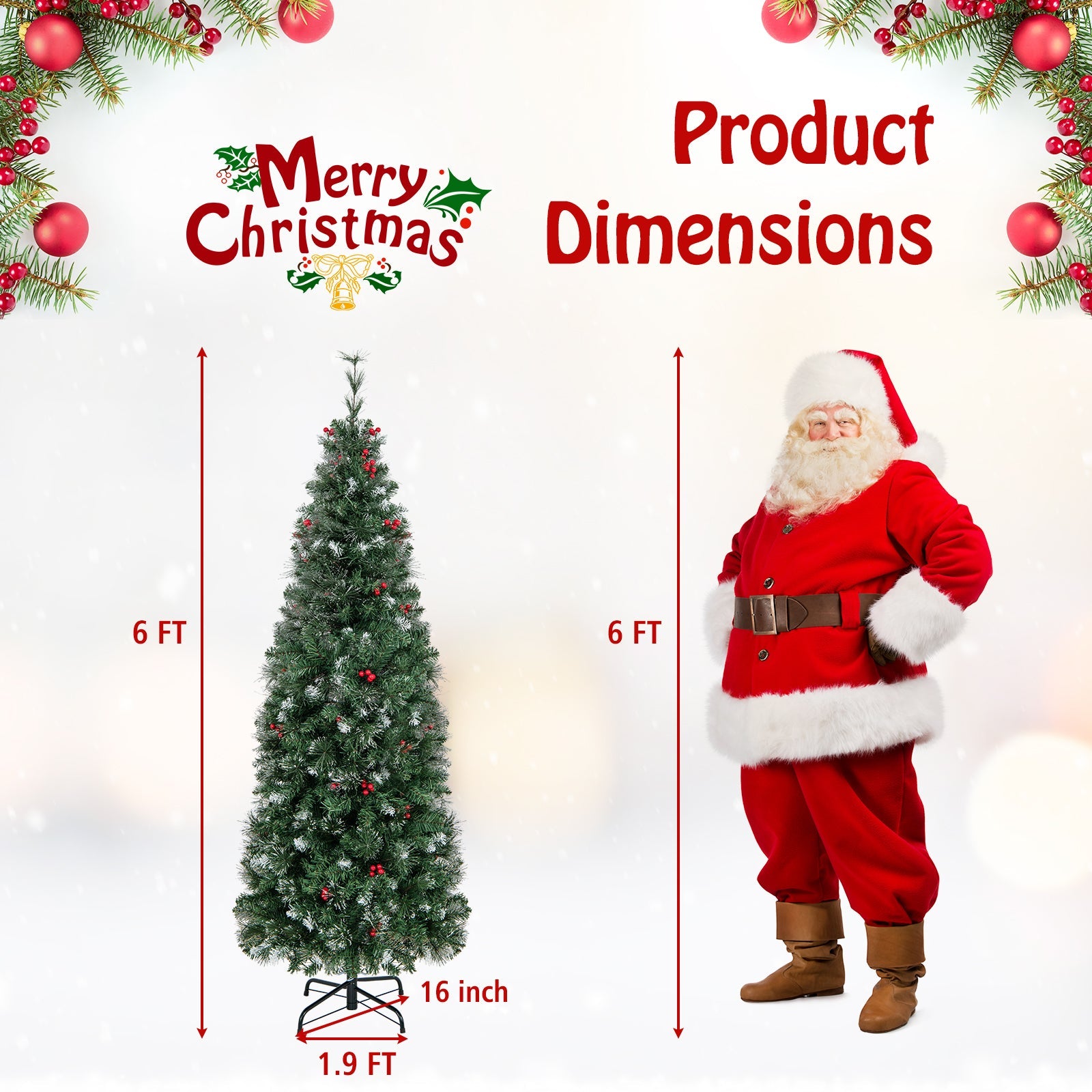 5/6/7/8/9 FT Pre-Lit Artificial Hinged Slim Pencil Christmas Tree