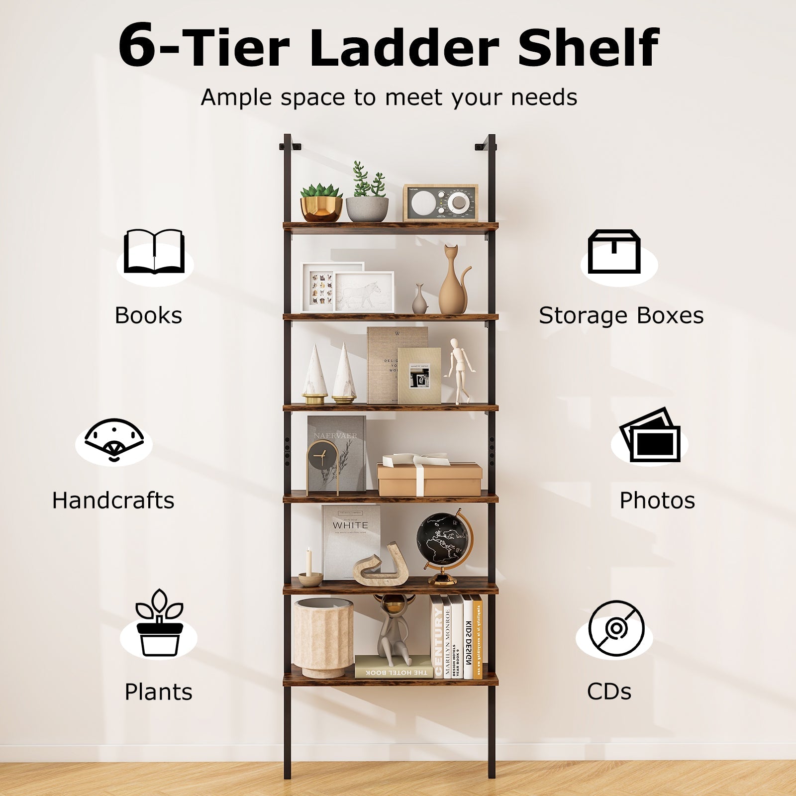 6-tier Ladder Shelf 72 Inches Industrial Wall Mounted Bookshelf