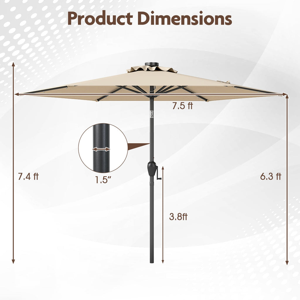 7.5 Feet Solar Powered Patio Umbrella with LED Lights and Crank Handle
