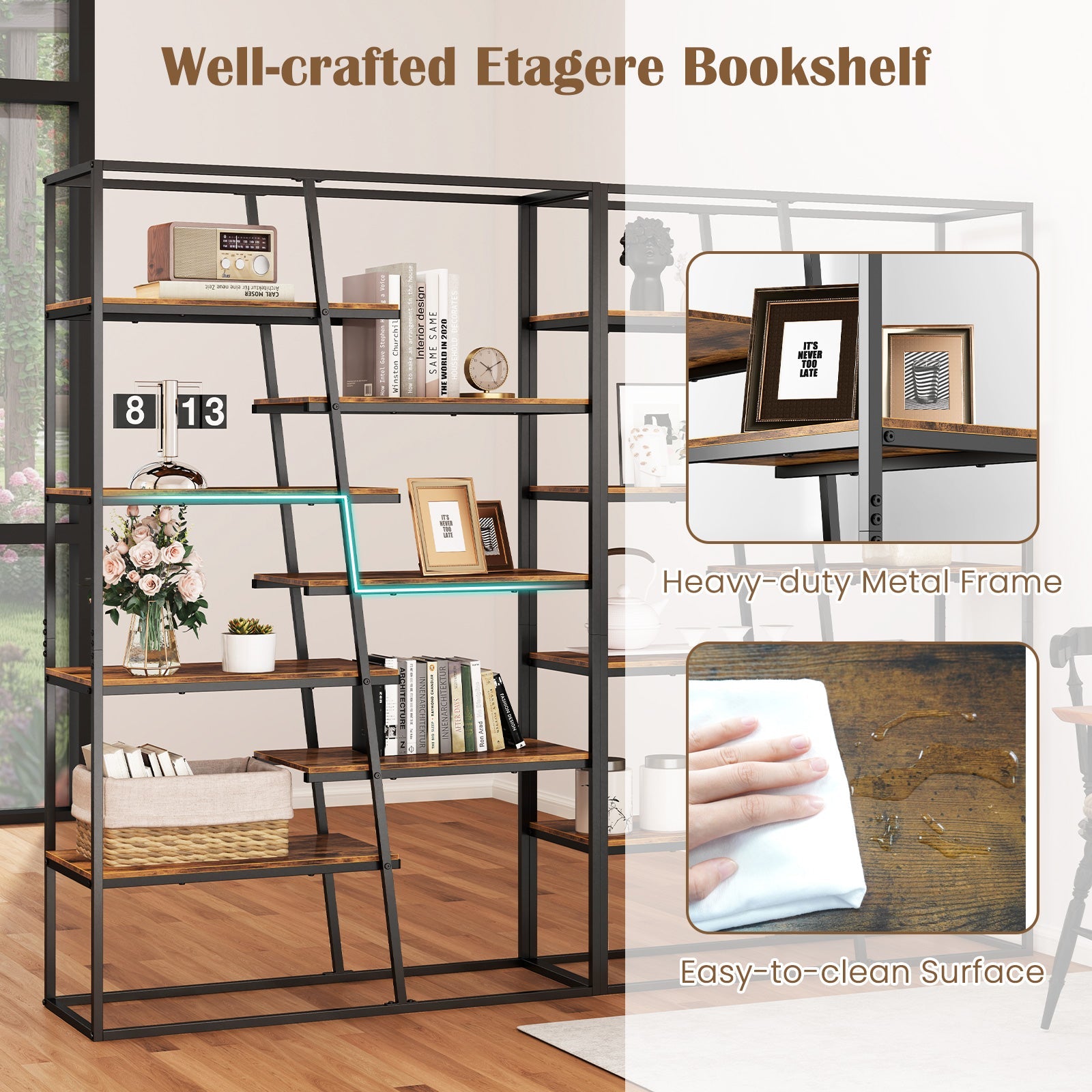 71-Inch 7-Tier Industrial Etagere Bookcase with Heavy-duty Metal Frame-Rustic Brown