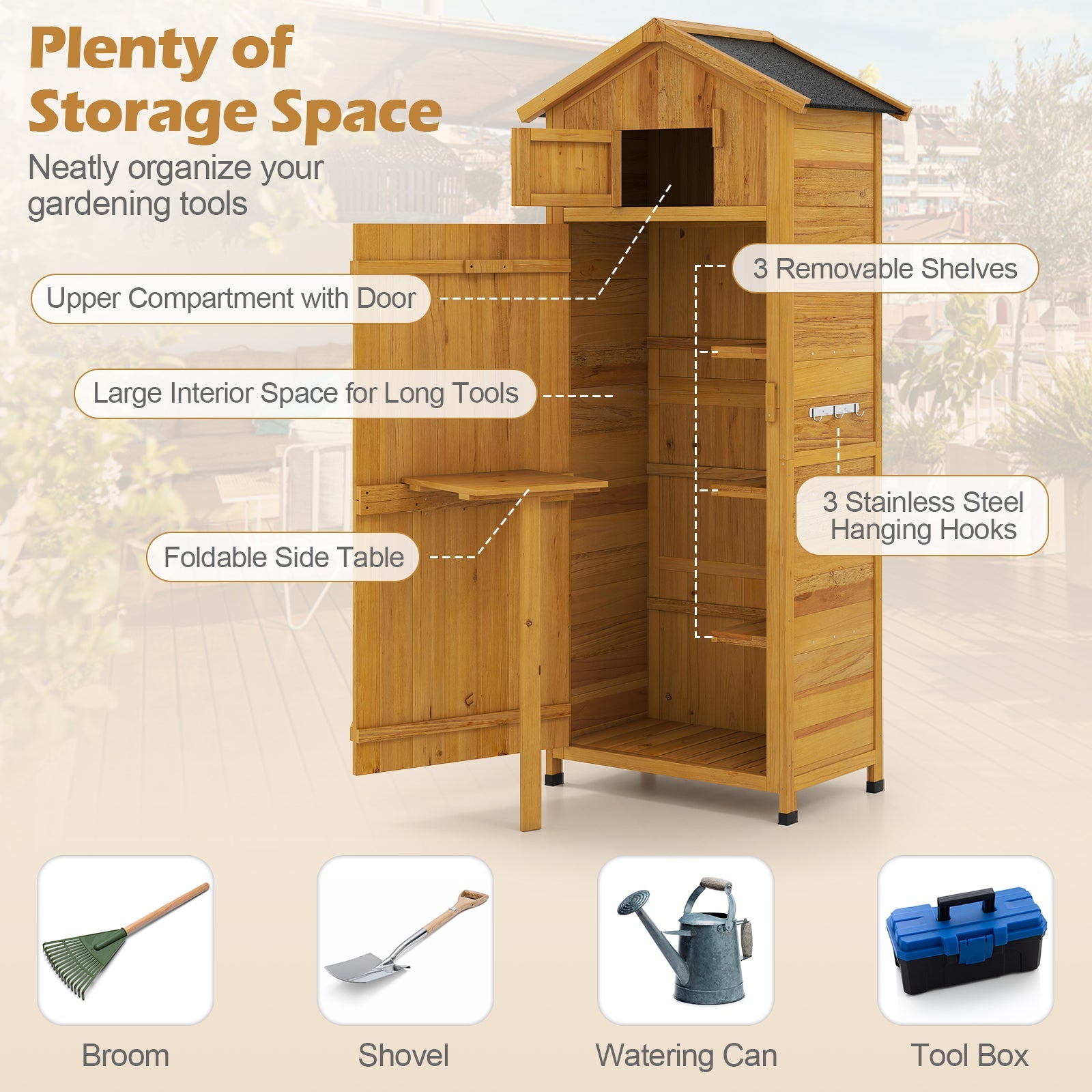 70 Inch Tall Garden Tool Storage Cabinet with Lockable Doors and Foldable Table
