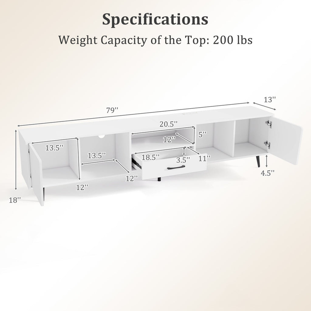 79" TV Stand for TVs up to 90 Inches Entertainment Center Wood Media Console Table Modern Mid Century TV Cabinet-White