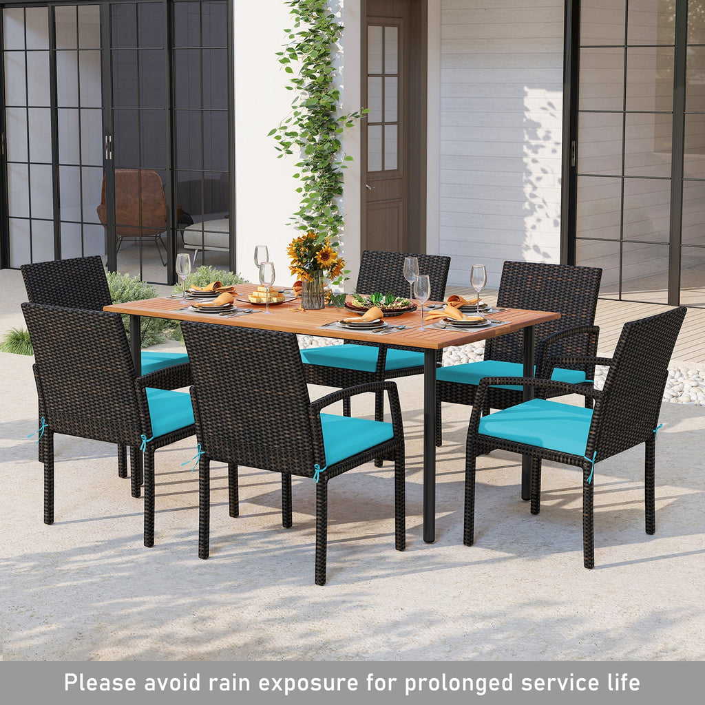 7 Pieces Outdoor Dining Set Acacia Wood Table with Umbrella Hole and Cushions