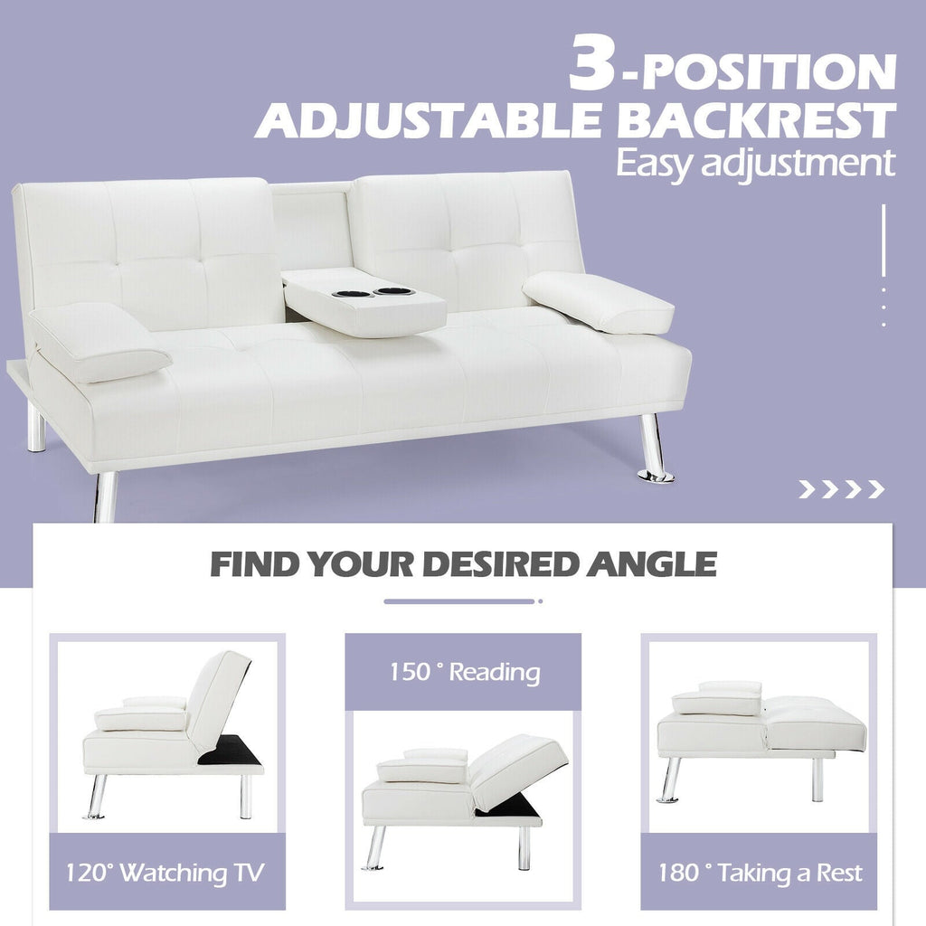 Convertible Folding Leather Futon Sofa with Cup Holders and Armrests