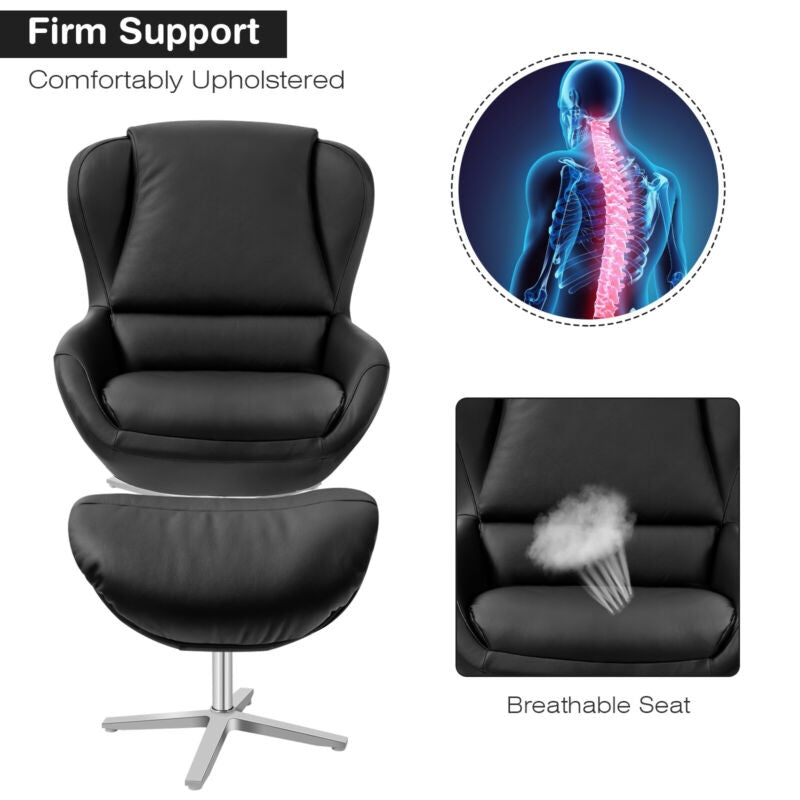 360¬∞ Swivel Leather Lounge Chair with Ottoman and Aluminum Alloy Base