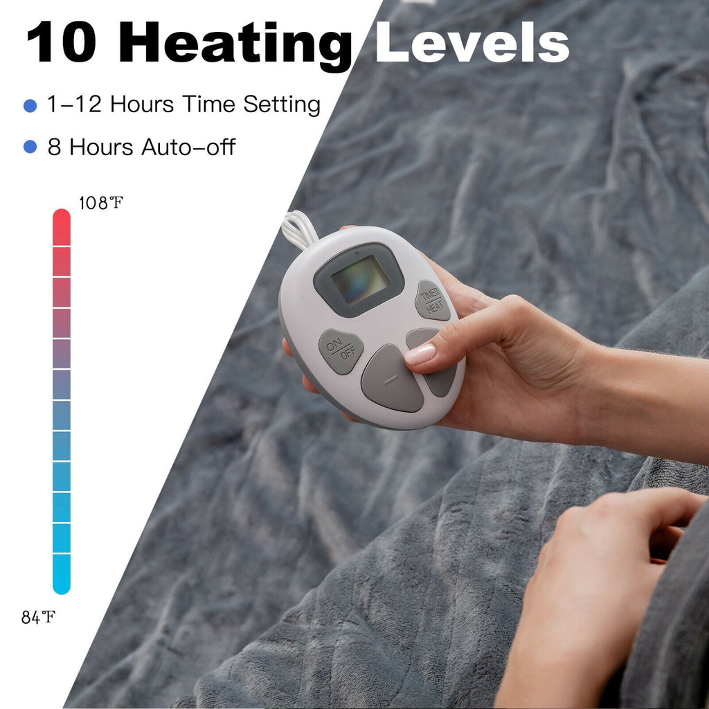 62 x 84 Inch Flannel Heated Electric Blanket with 10 Heating Levels-Gray