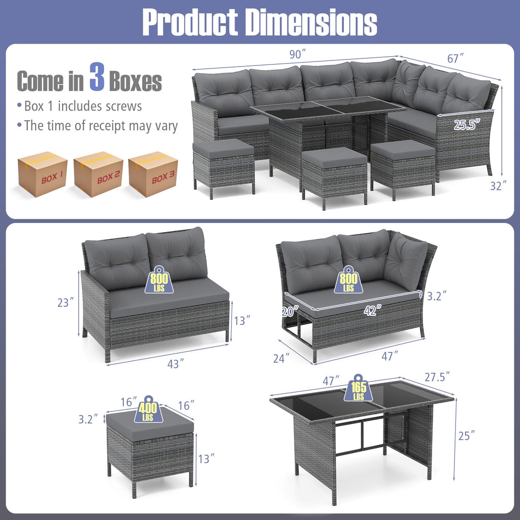 7 Pieces Patio Dining Furniture Set with Soft Cushions and Ottomans
