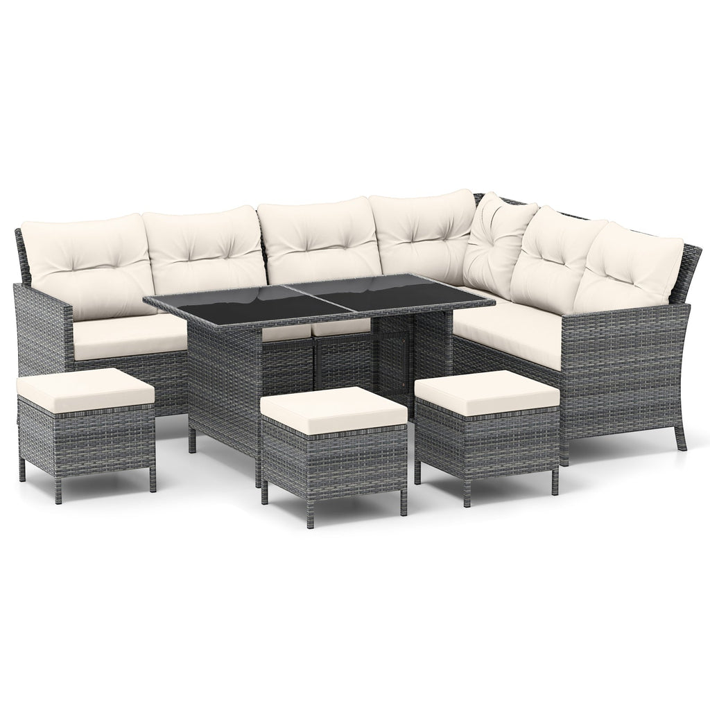 7 Pieces Patio Dining Furniture Set with Soft Cushions and Ottomans
