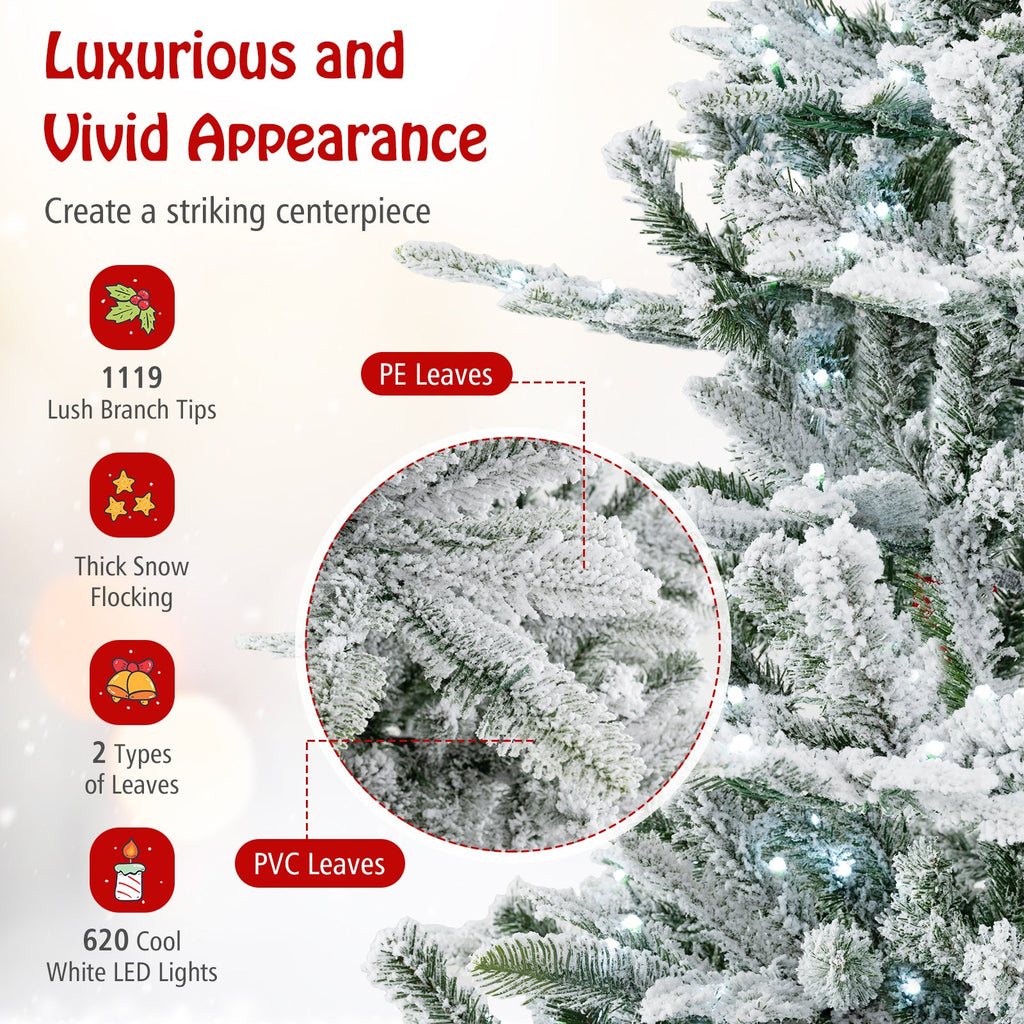 7 Feet Snow Flocked Artificial Christmas Tree with Cool White LED Lights