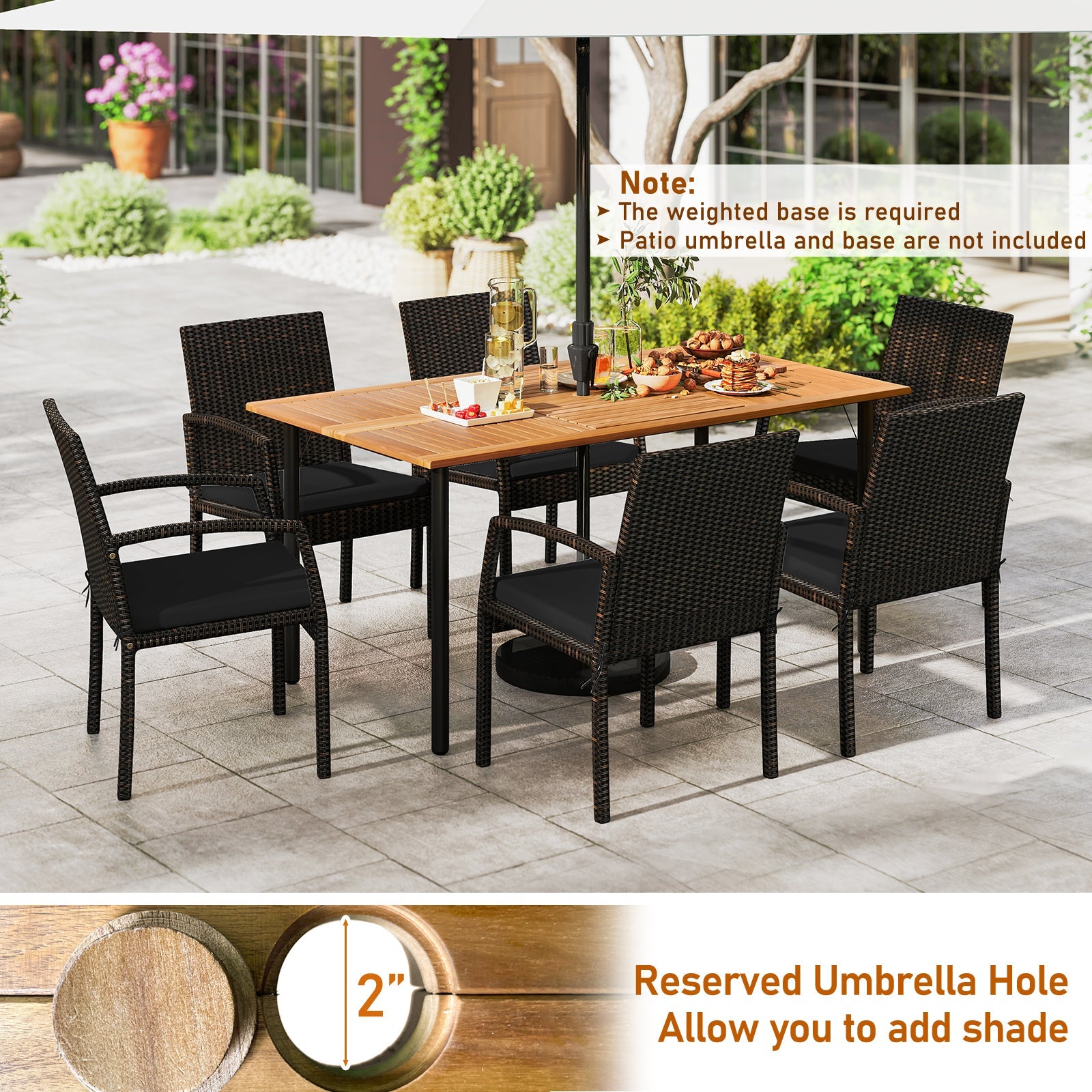7 Pieces Outdoor Dining Set Acacia Wood Table with Umbrella Hole and Cushions