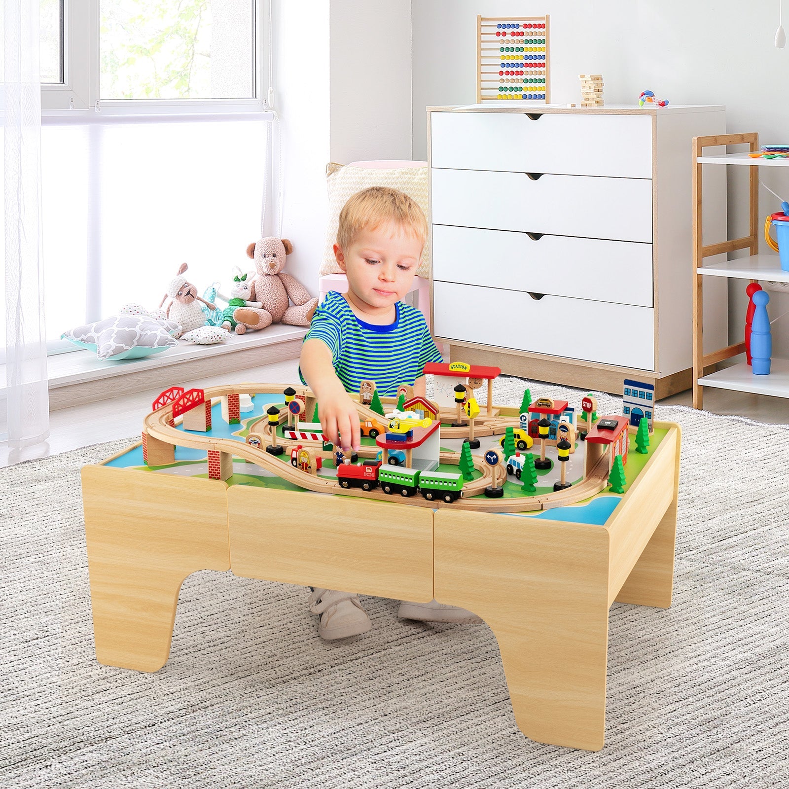 84-Piece Train and Building Block Table with Reversible Top and Creative Play Surface